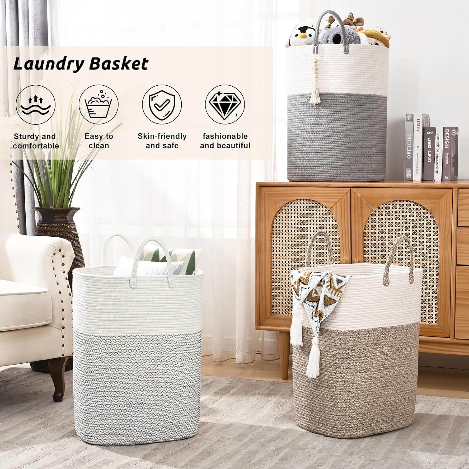 Laundry Basket, Woven Cotton Rope Laundry Hamper, 60L for Decor Storage of Dirty Clothes, Baby Toys and Blankets in Bathroom, Nursery, Baby Room, Bedroom and Living Room image number 1