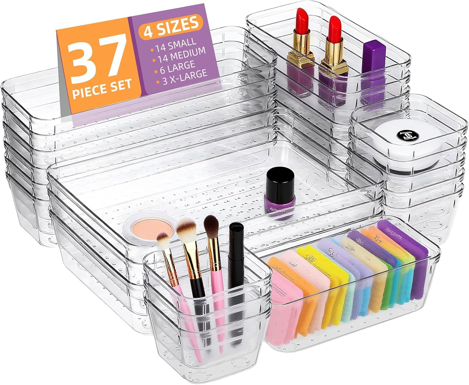 37-Piece Clear Plastic Storage Organizer Set &ndash; 4-Size Stackable Clear Drawer Dividers for Makeup, Jewelry, Office & Kitchen | Space-Saving Design | Perfect for Drawers, Desks & Countertops image number 4