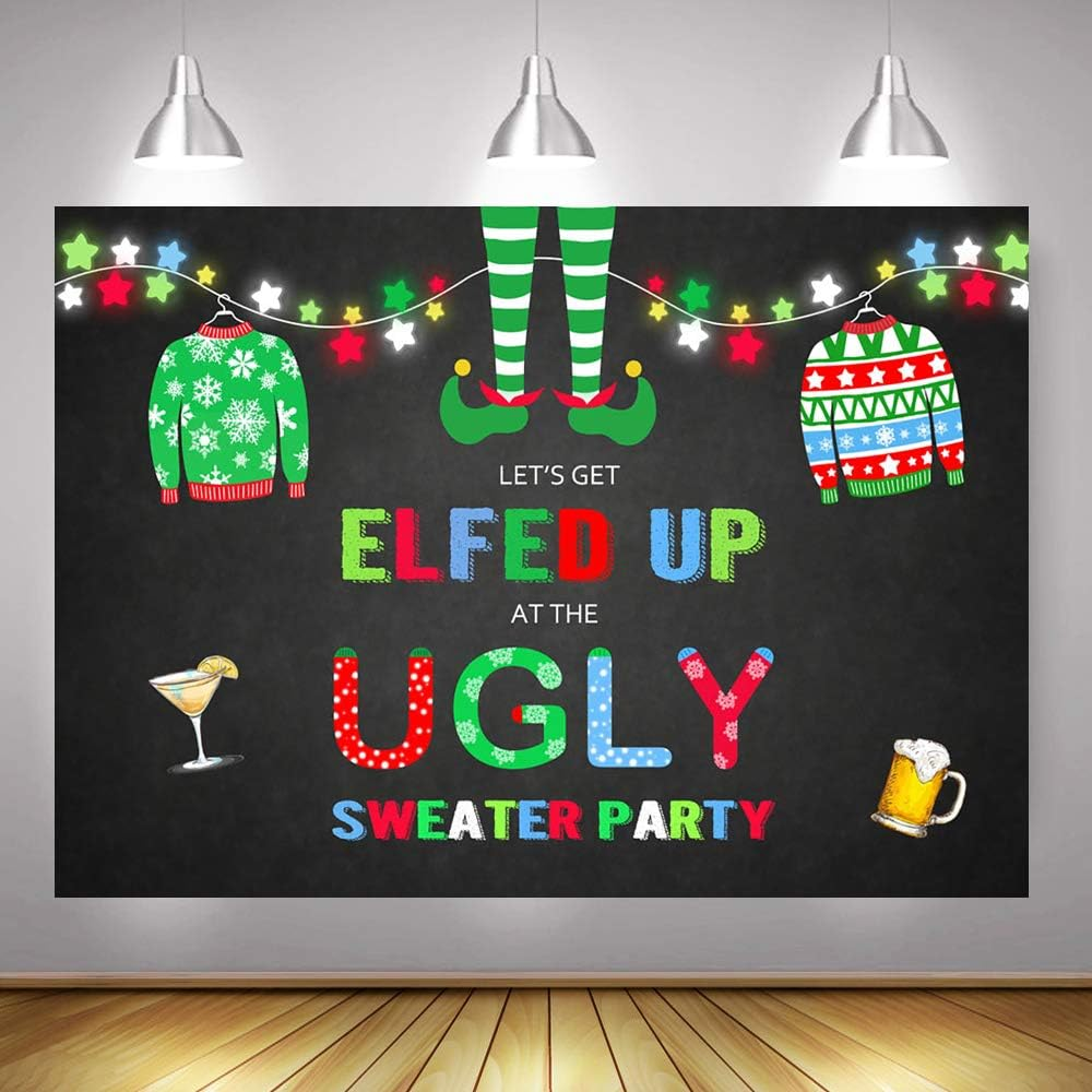 Mocsicka Elfed up Ugly Sweater Party Backdrop Christmas Ugly Sweater Photography Background 7X5Ft Vinyl Christmas Holiday Ugly Sweater Party Backdrops