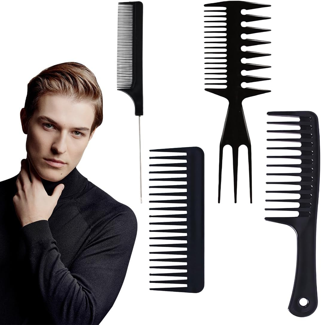 CATOR 4 Pieces Styling Comb Men'S Set Styling Comb Men Professional Wide Teeth Slick Back Hair Comb Rat Tail Hair Brush Detangling Comb and Teasing Comb for Men Hairdressers Salon, Black image number 3