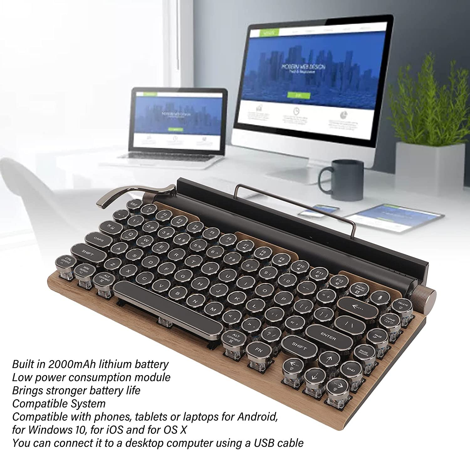 Retro Typewriter Keyboard, 83 Keys Electric Typewriter Vintage with Mechanical Bluetooth 5.0, 7 Color RGB Lighting 2000Mah Keyboard with Metal round Cap for Desktop PC Laptop Phone (Wood Grain Color) image number 6