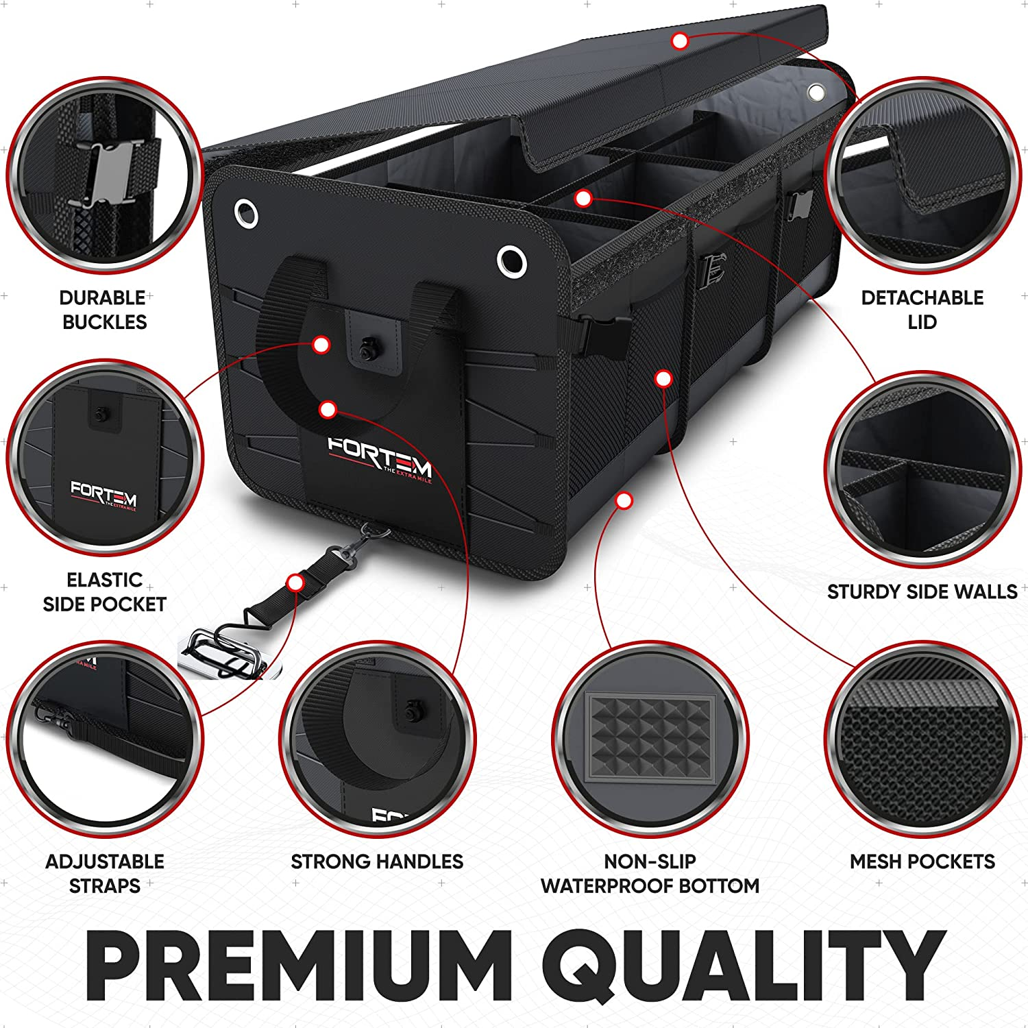 FORTEM Car Boot Organiser, Car Boot Tidy, Car Boot Storage, Collapsible Multi Compartment Car Organiser, Non Slip Bottom, Adjustable Securing Straps, Foldable Cover (3 Compartments, Black) image number 7