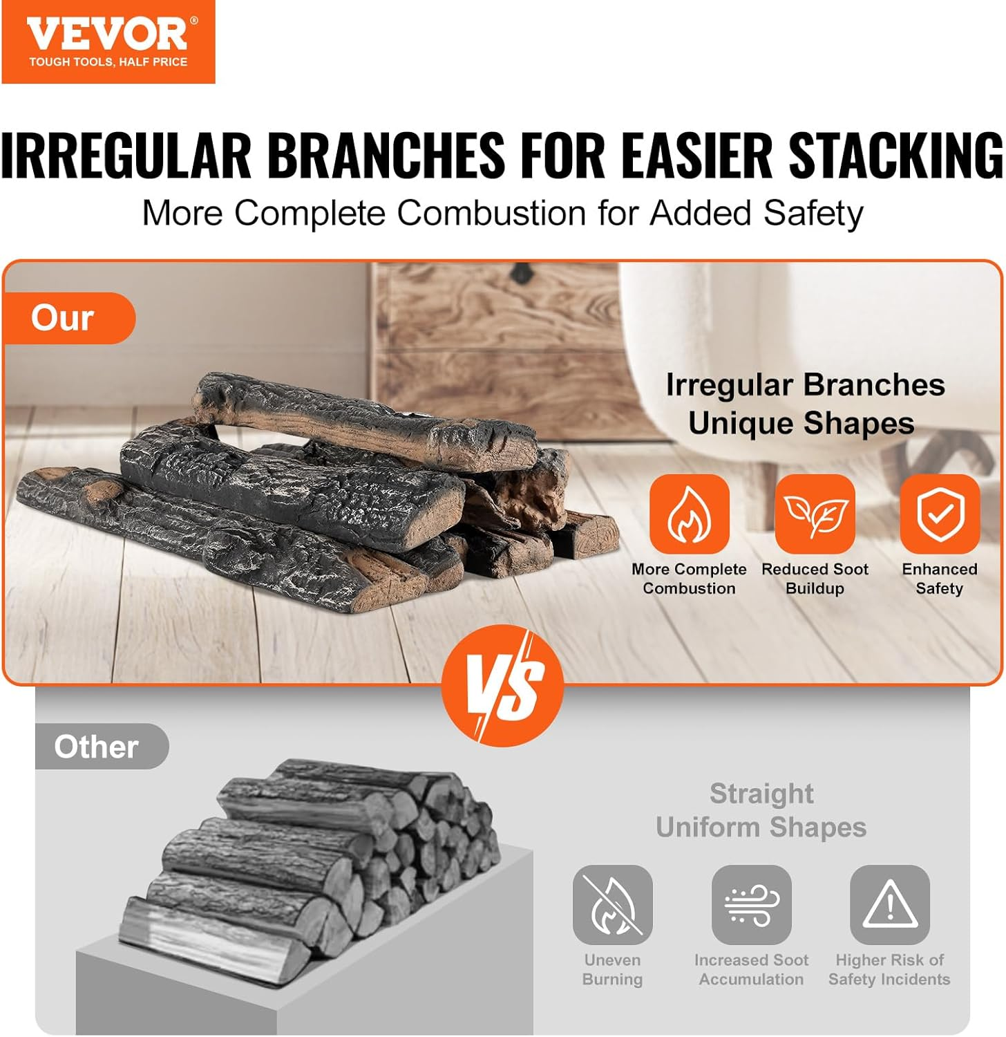 VEVOR 8 Pcs Oak Logs, Gas Fireplace Ceramic Logs for Fire Place, Heat-Resistant Wood Log Gas Realistic Logs, Stackable Wood Branches for Gas Fireplace, Firebowl Indoor or Outdoor image number 2