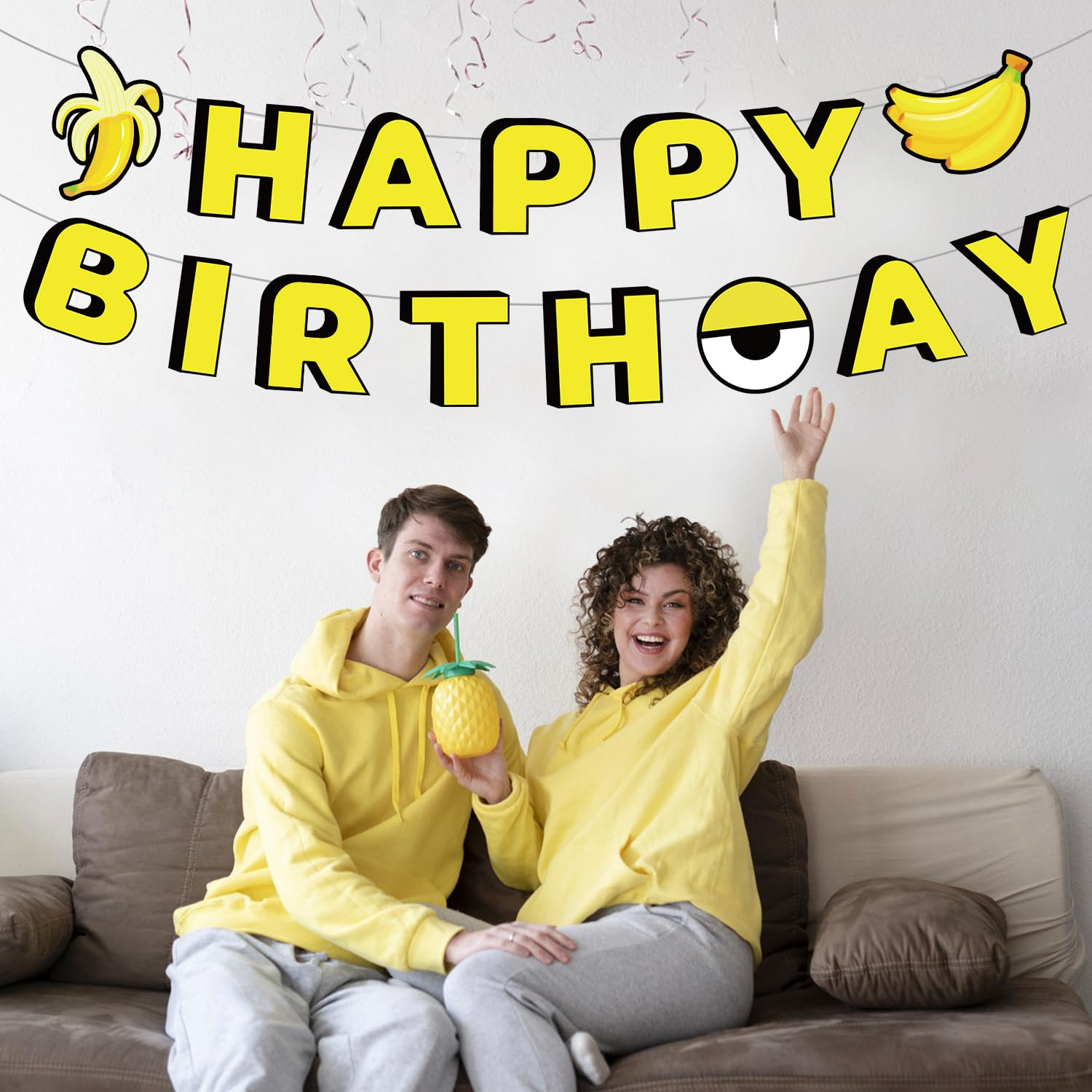 Yellow Cartoon Birthday Banner, Cute Cartoon Theme Banana Party Banner Pre-Strung Hanging Birthday Banner Decorations for Boys and Girls Birthday Party Supplies