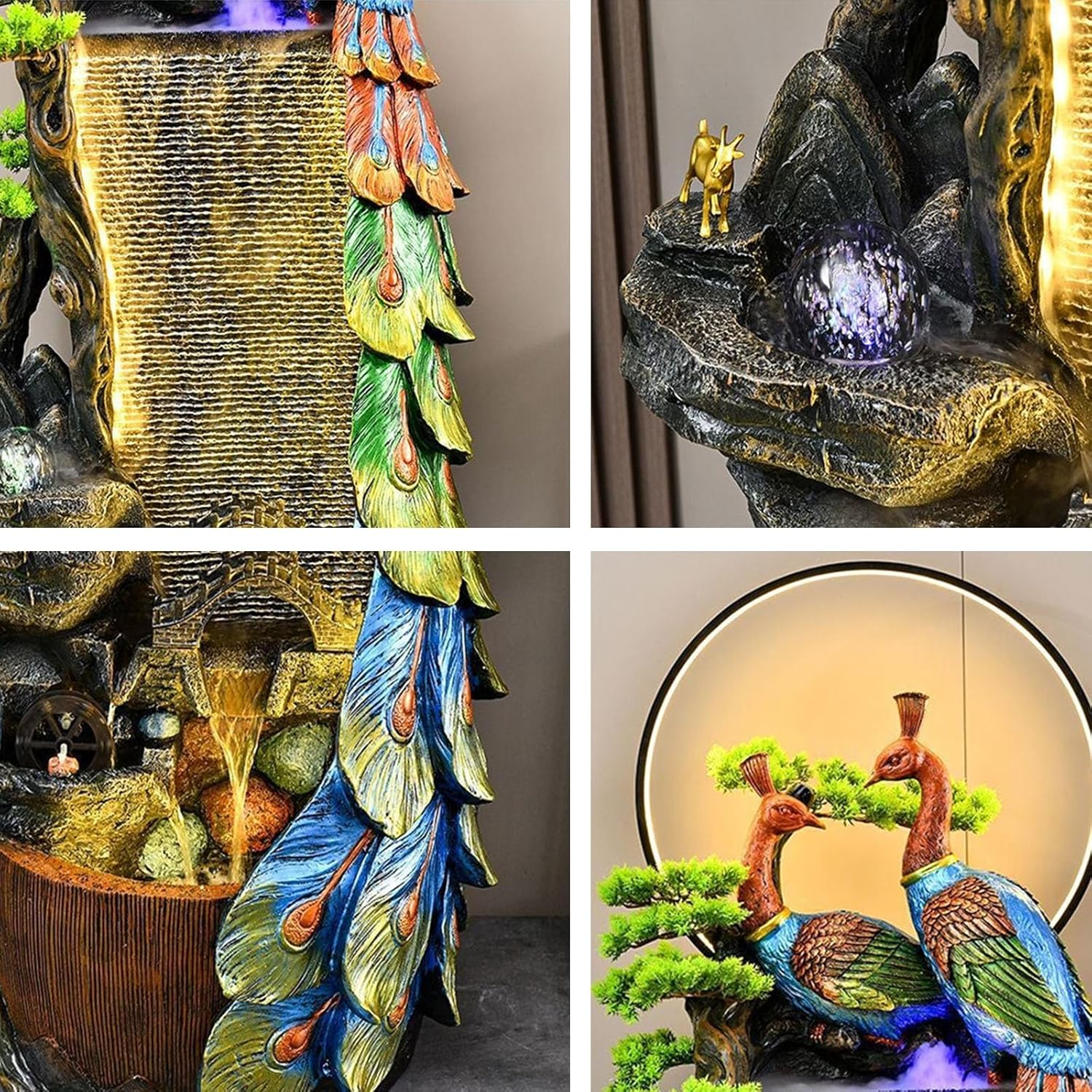 Outdoor Fountain Peacock Entrance Ornament, Large Fountain for Living Room, Resin Indoor with LED Lights, Suitable For, Balcony, Courtyard(63 * 46 * 157Cm) image number 4