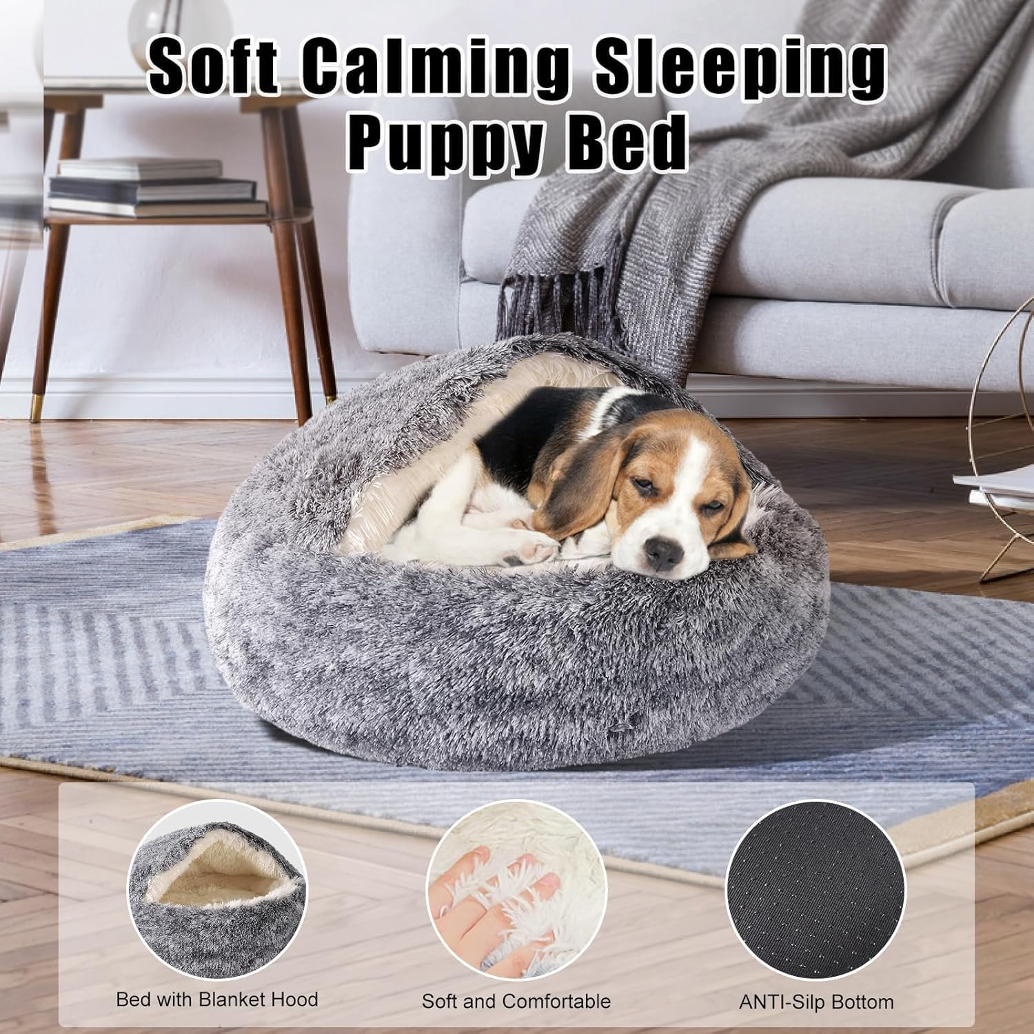 Calming Dog Beds & Cat Cave Bed with Hooded Cover,Removable Washable round Beds for Small Medium Pets,Anti-Slip Faux Fur Fluffy Coved Bed for Improved Sleep,Fits up to 15/25 Lbs(,24"X24") (Grey) image number 1