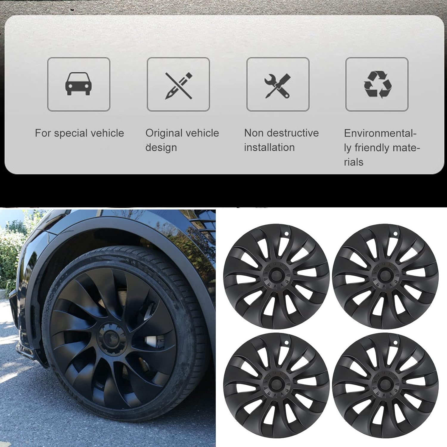 Wheel Hubcap for Model Y 2020‑2023, Hubcap Wheel Cover Replacement, 20 Inch Hubcaps Set of 4, Cool Style Stylish Design, Waterproof and Stable Usage image number 1