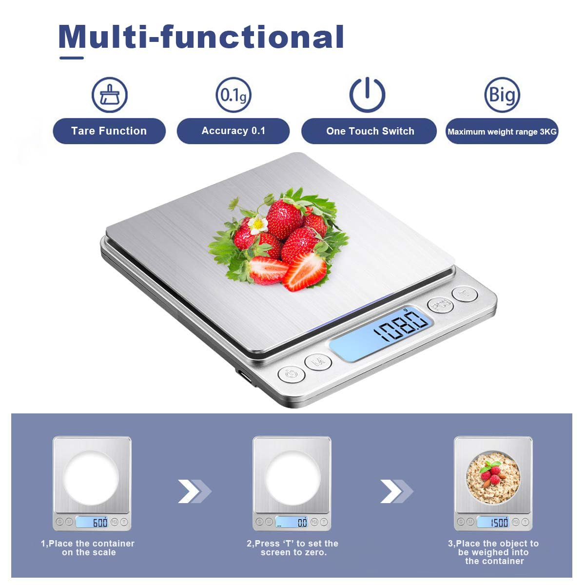 Small Digital Scale for Cooking and Baking,3Kg/0.1G,Kitchen Scale,Food Scale,With Blue Backlit LCD Display, 6 Units, Auto Off, Tare, PCS Function, Stainless Steel