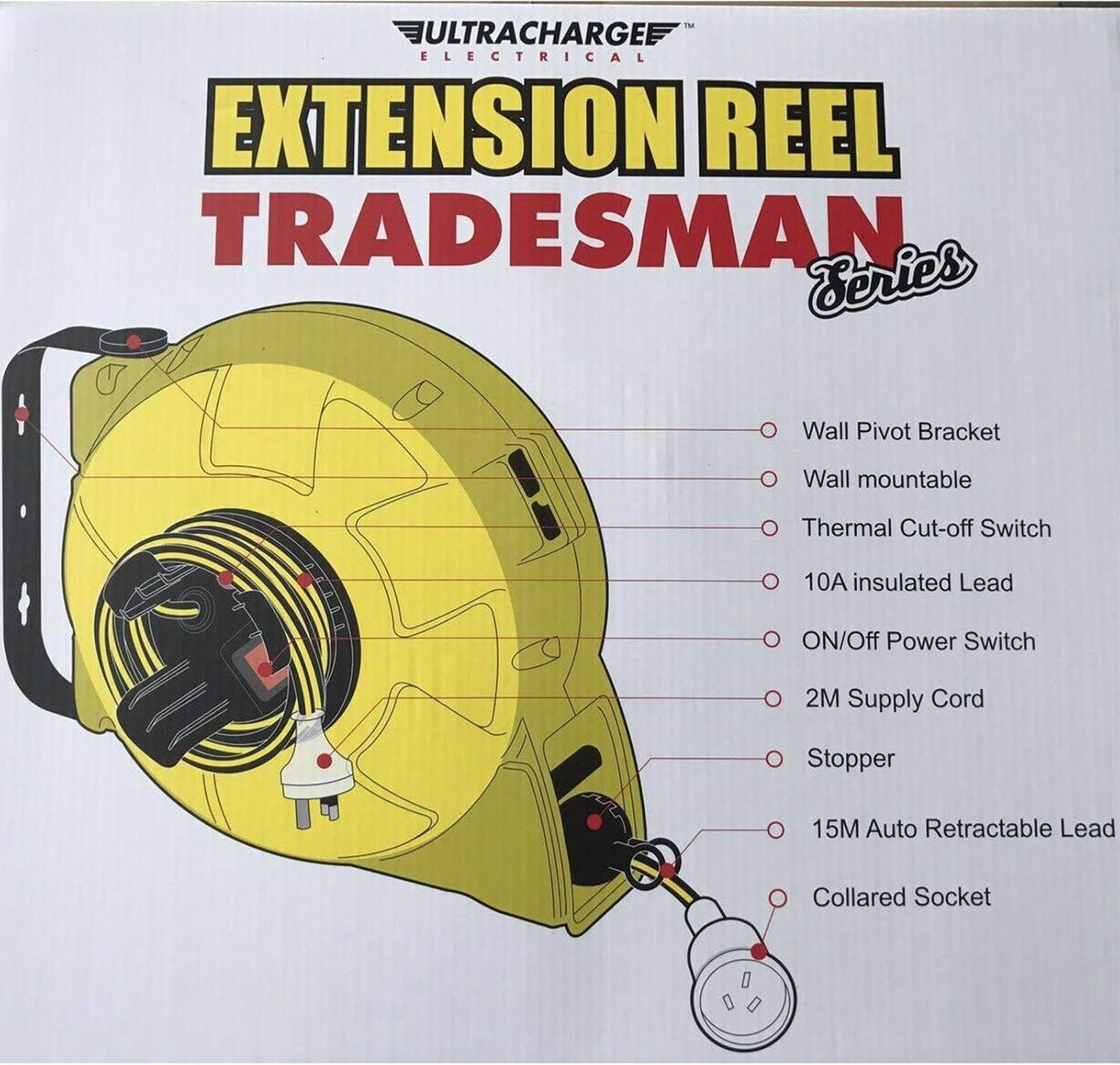 Ultracharge 10A Tradesman Auto Retractable Extension Lead Power Cord and Mountable Extension Reel, 15 M Length image number 1