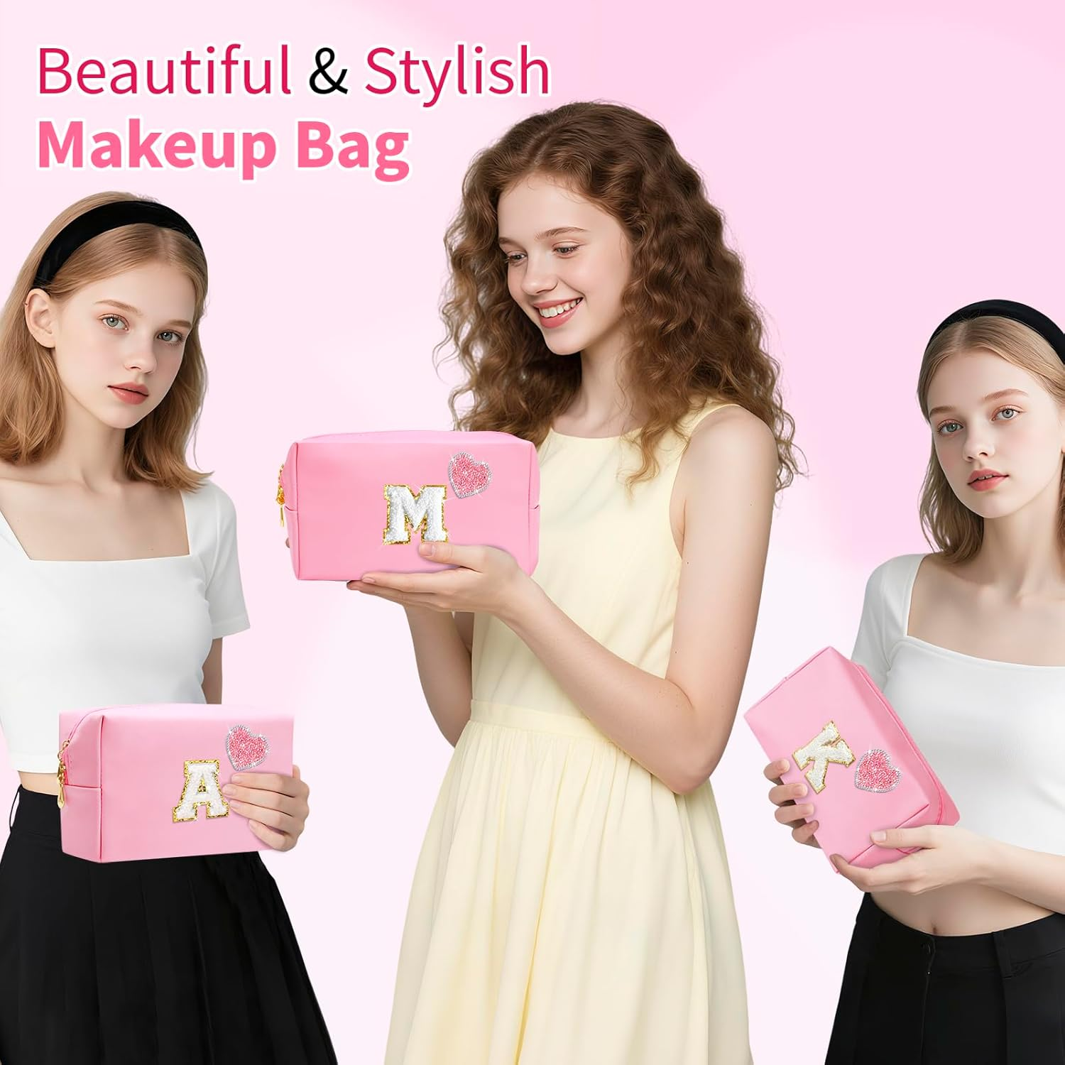YILANCOL Personalized Initial Makeup Bag with Bling Heart Preppy Cosmetic Bag Cute Toiletry Travel Bag for Teen Girls Women Letter Makeup Pouch Purse for Holiday Birthday Christmas Gifts, Pink image number 2