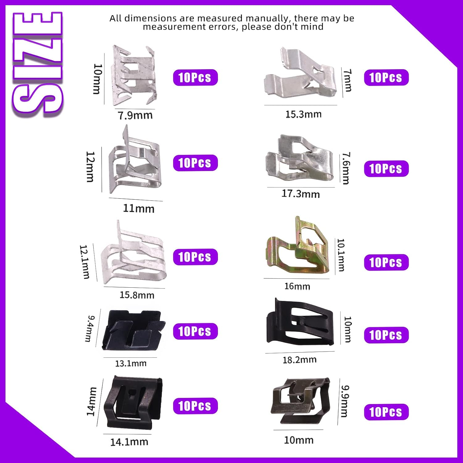 Swpeet 100Pcs 10 Sizes 7.9Mm-18.2Mm Metal Trim Panel Spring Clip Kit Compatible with VW Audi 4A0-867-276A image number 4