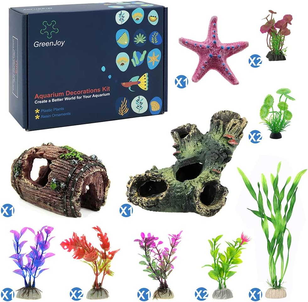 Greenjoy Aquarium Decorations Fish-Tank Accessories Plants - Fish Tank Decor Kit with Artificial Plants and Hideouts Ornaments,Small (Ornaments Set #2)