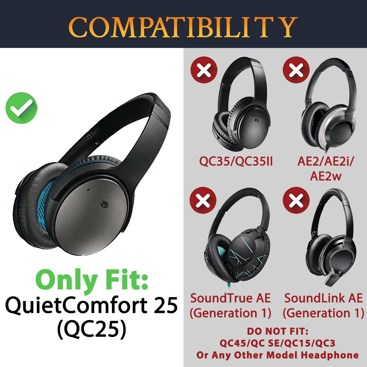 SOULWIT Headband Cover for Bose Quietcomfort 25(QC25) Headphones, Replacement Headstrap Pad Repair Part - Black