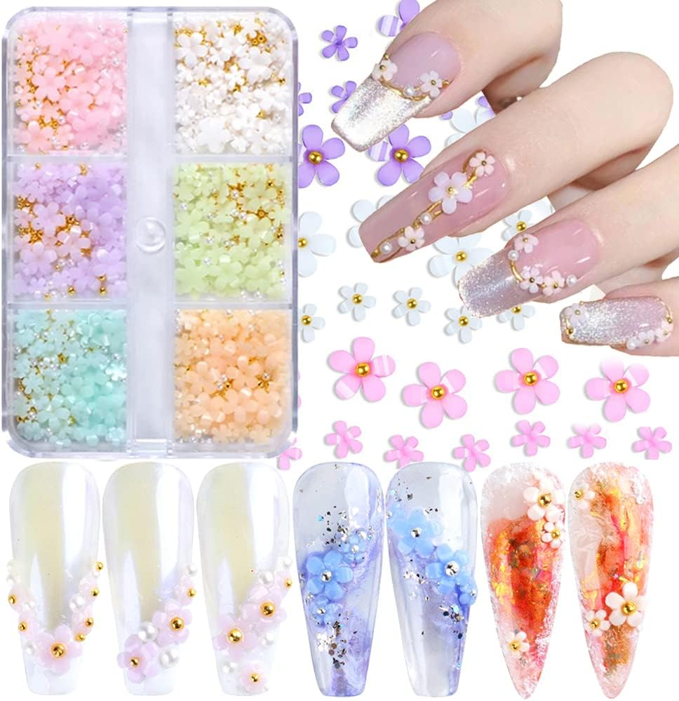 3D Flower Nail Art Charms, 6 Grids 3D Acrylic Nail Flowers Rhinestone Light Change Pink White Blue Cherry Blossom Acrylic Spring Nail Art Supplies with Pearls Manicure DIY Nail Decorations image number 5