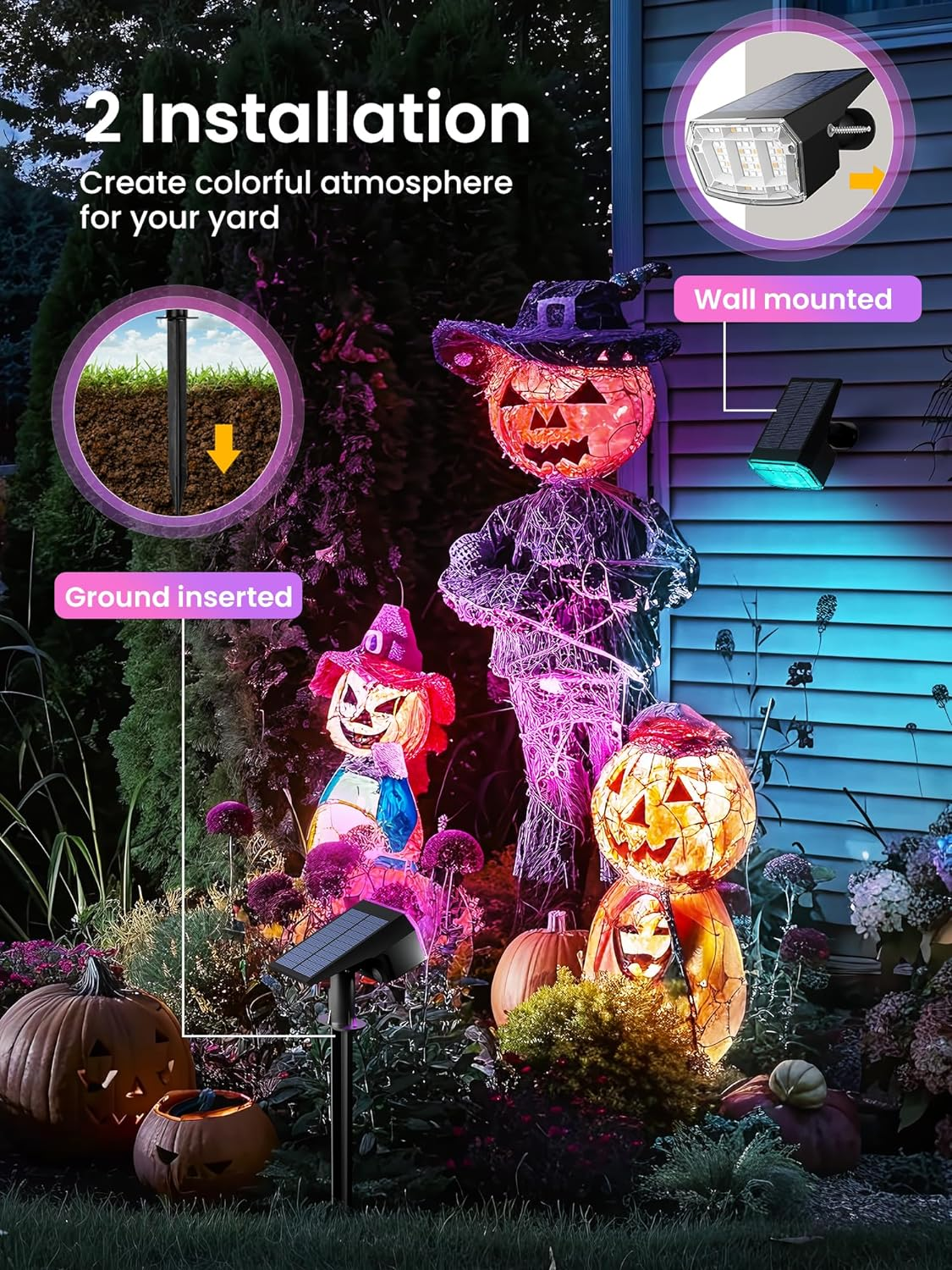 Solar Spot Lights Outdoor, 9 Lighting Modes RGB, Solar Lights Outdoor Waterproof IP65, 63 LED Landscape Spotlights for Holiday Decorations image number 4