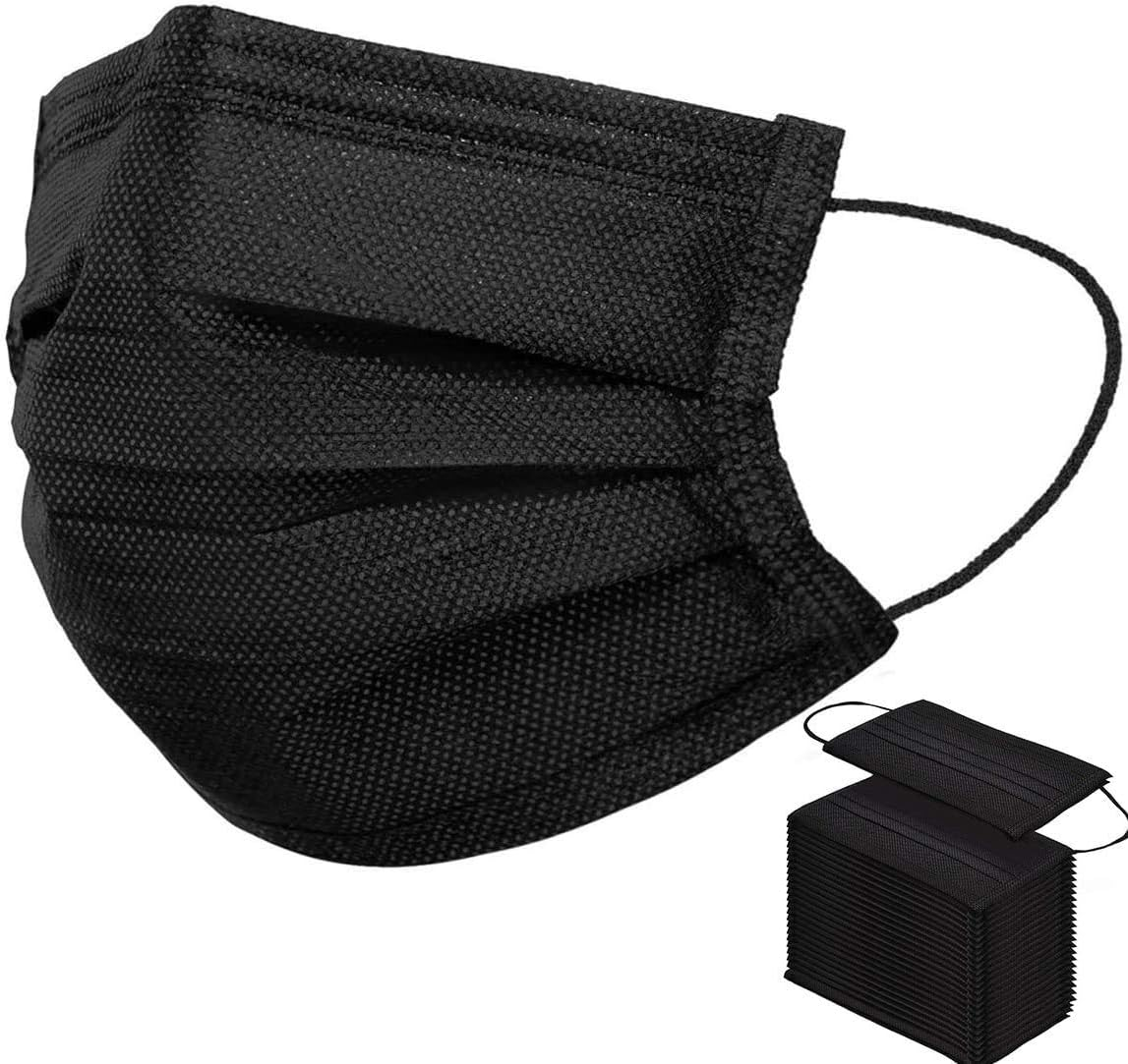 50 Pack Individually Packaged Disposable Black Face Mask Cover for Adults, Single Use 3 Ply Protectors with Elastic Earloops image number 1