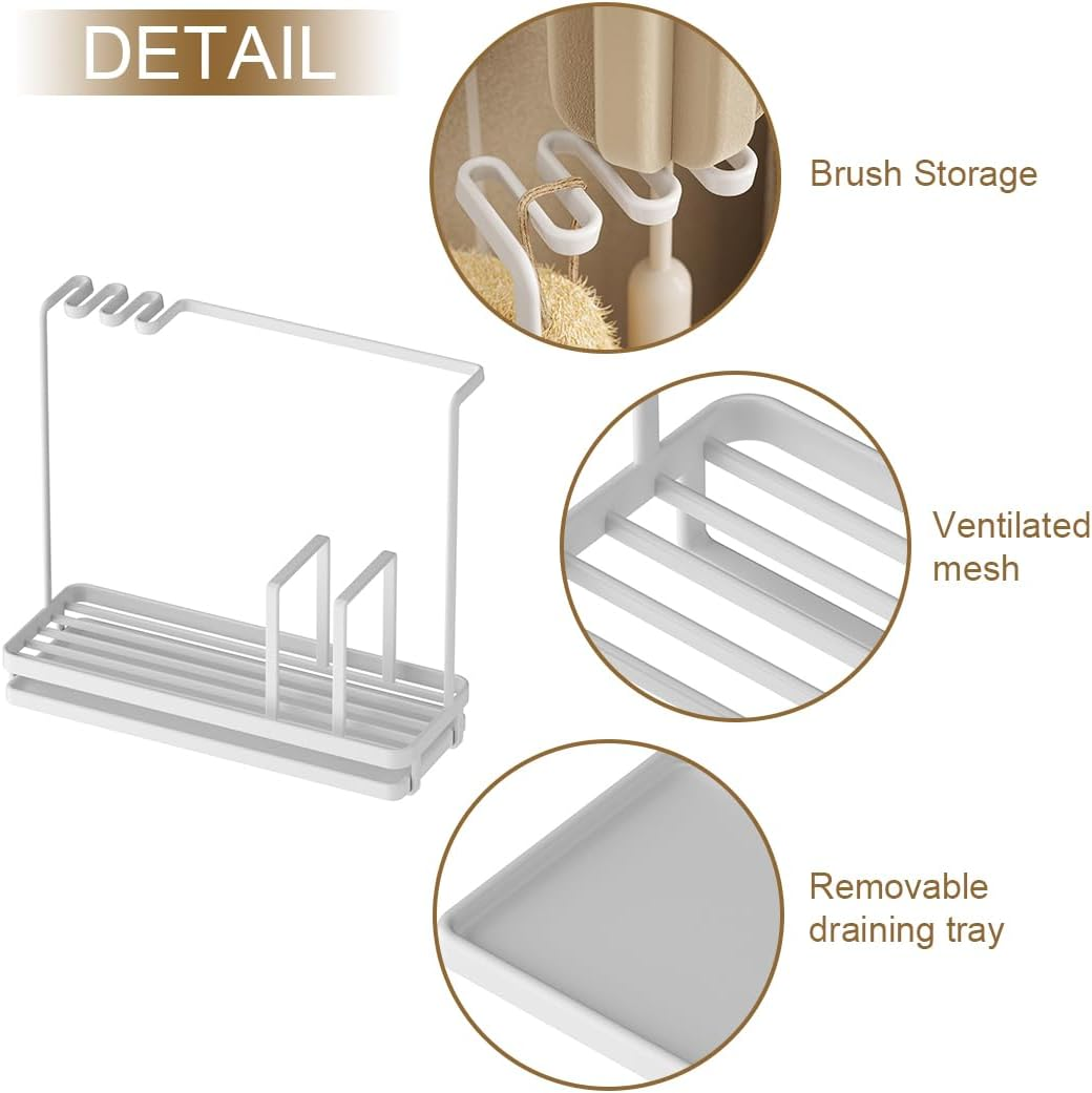 Uptyia Kitchen Sink Tray Drainer Rack,Sponge Holder for Sink,Sink Caddy Sponge Holder Sink Caddy Organizer, Soap Dish Dispenser Brush Holder Storage Kitchen Accessories (25 X 9 X 22 Cm,White) image number 1