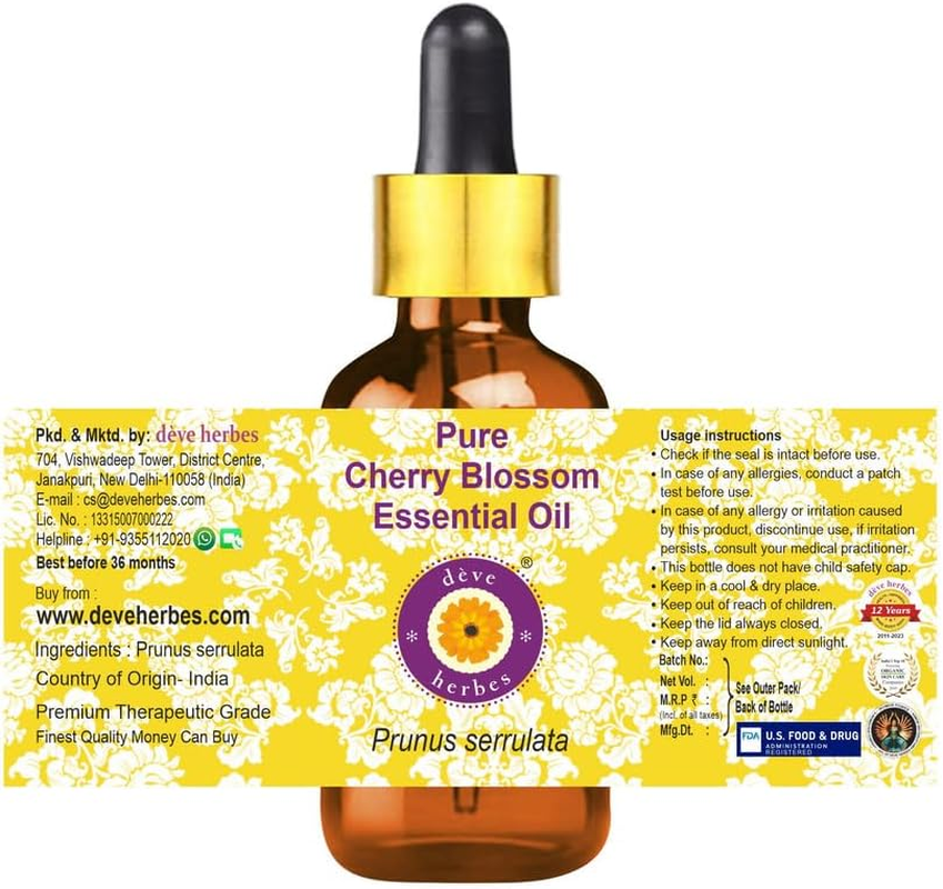 Deve Herbes Pure Cherry Blossom Essential Oil (Prunus Serrulata) with Glass Dropper Steam Distilled 15Ml