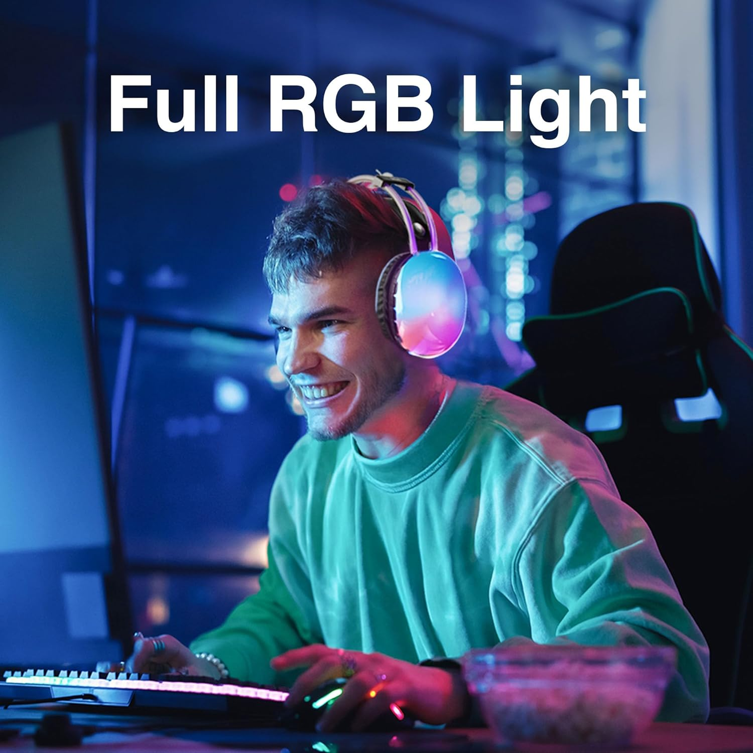 Laser RGB Wireless Bluetooth Headphones, RGB Lighting, 6 Hrs Playtime, Adjustable Headband - Supports AUX & Micro SD, USB C Charging - Compatible with Smartphone, Tablet, Laptop, MP3 Player image number 5