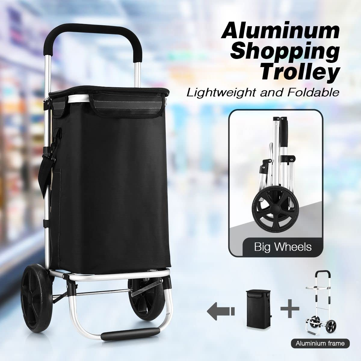 Foldable Shopping Trolley with Wheels Shopping Cart Aluminium Grocery Bag Waterproof Black