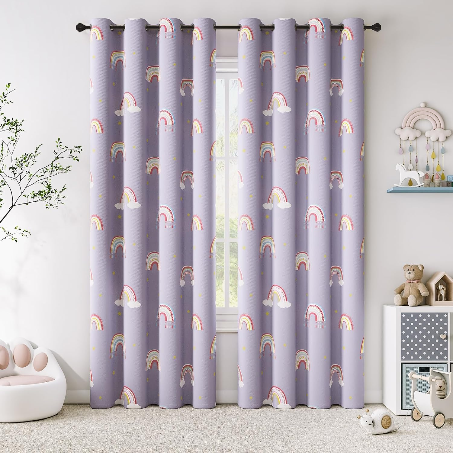 Vangao Boho Girls Blackout Curtains Purple for Kids Room 84 Inch Length, Rainbow Window Drapes for Living Room Nursery Thermal Grommet Insulated Room Darkening Curtains Bedroom, 2 Panels