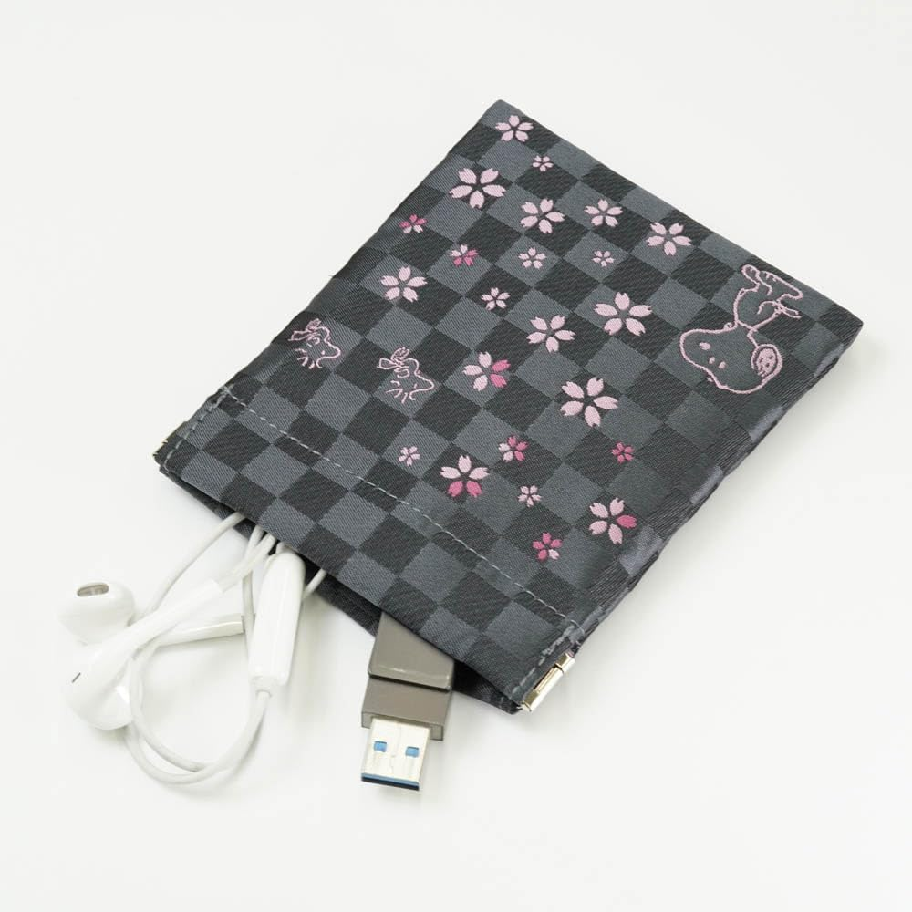 Peanuts PNDW1485 Cosmetic Case, Peanuts Spring Pouch, Snoopy, Cherry Blossom and Checkered Pattern, Gray image number 2