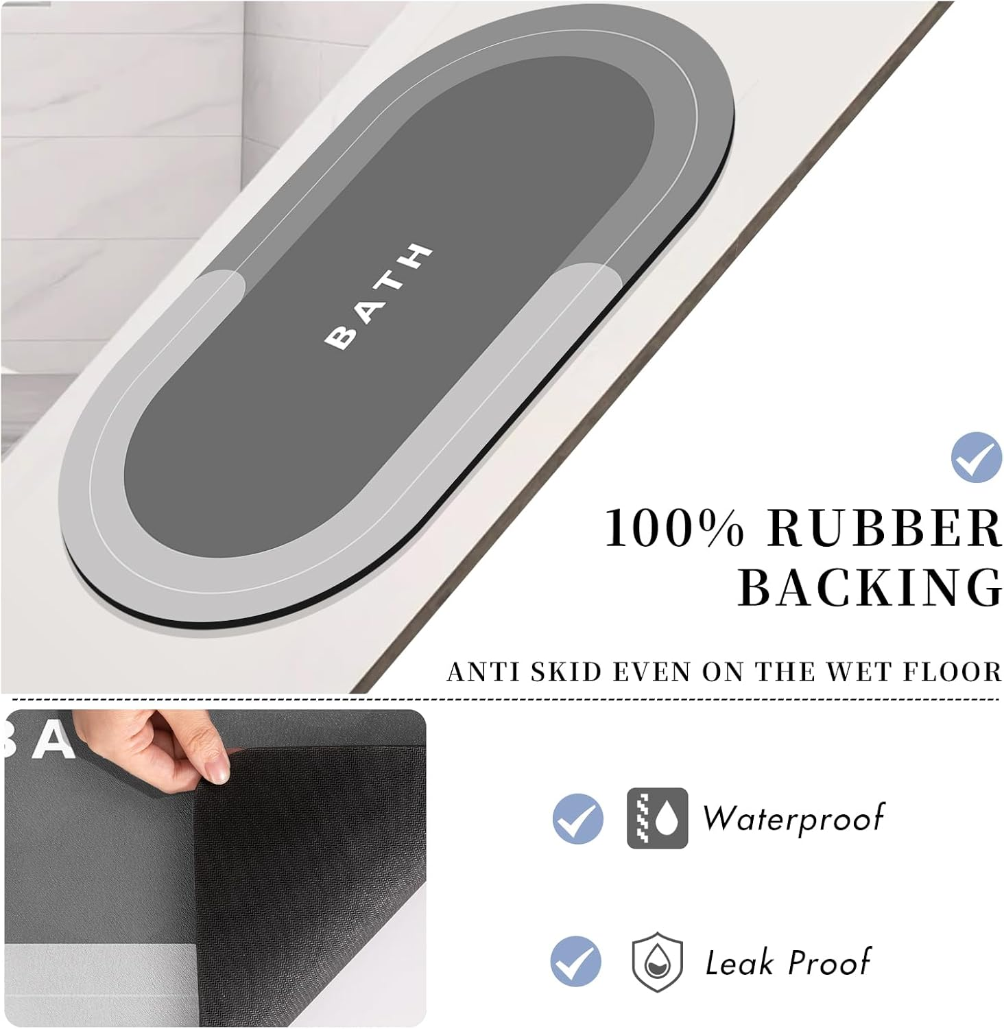 Bath Mat Bath Rugs Non-Slip Bathroom Rugs Super Absorbent Shower Mats Quick Dry Thin Rubber Mats for Bathroom, Washable Shower Floor Mats for Bathtub and Sink (Light Grey 40 X 60 Cm) image number 2