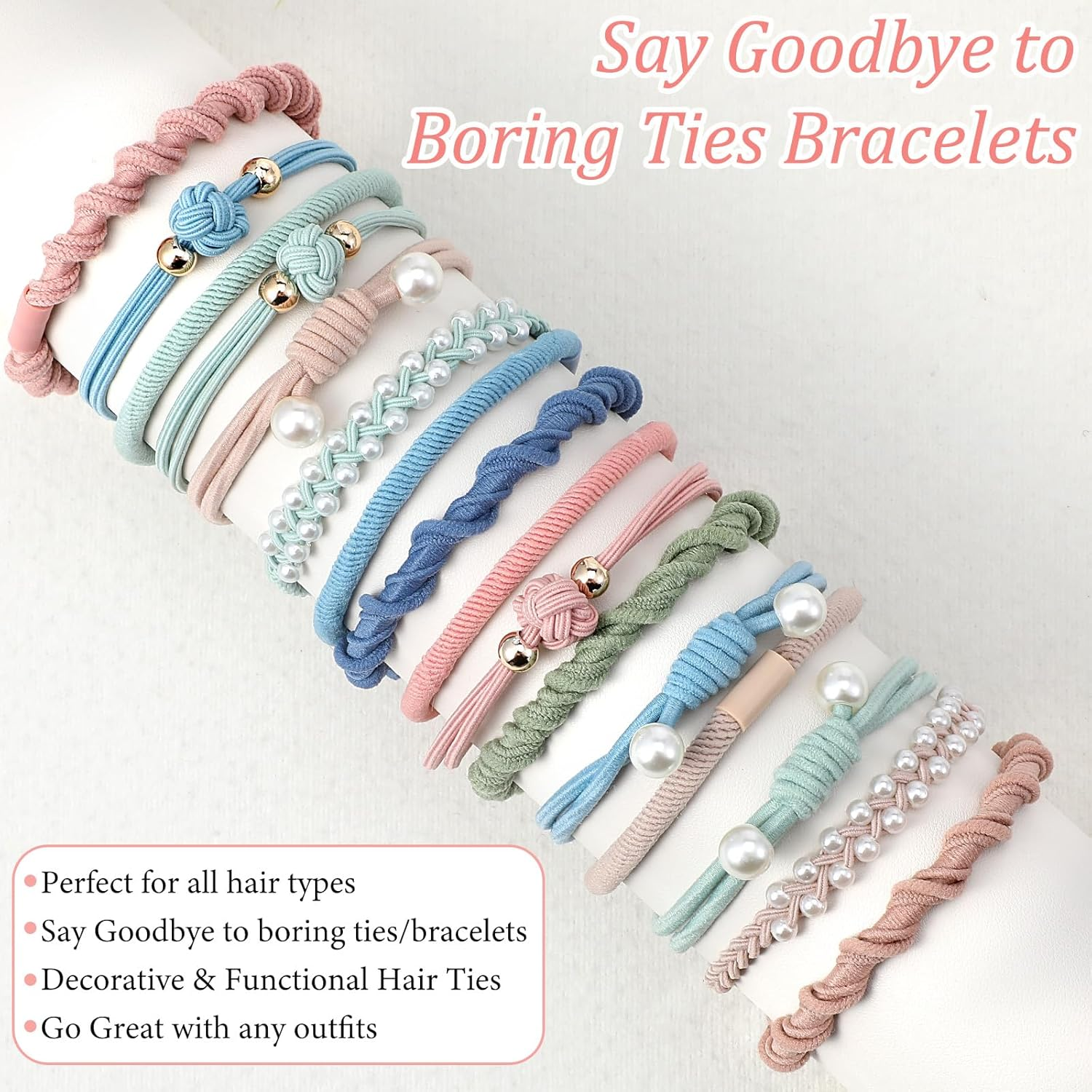 Pack of 20 Boho Hair Bobbles with Beads, Bracelet Hair Scrunchie Girls, Soft Braided Ponytail Holder, Hair Scrunchie Bracelets for Thin, Thick, Medium, Long Hair image number 1