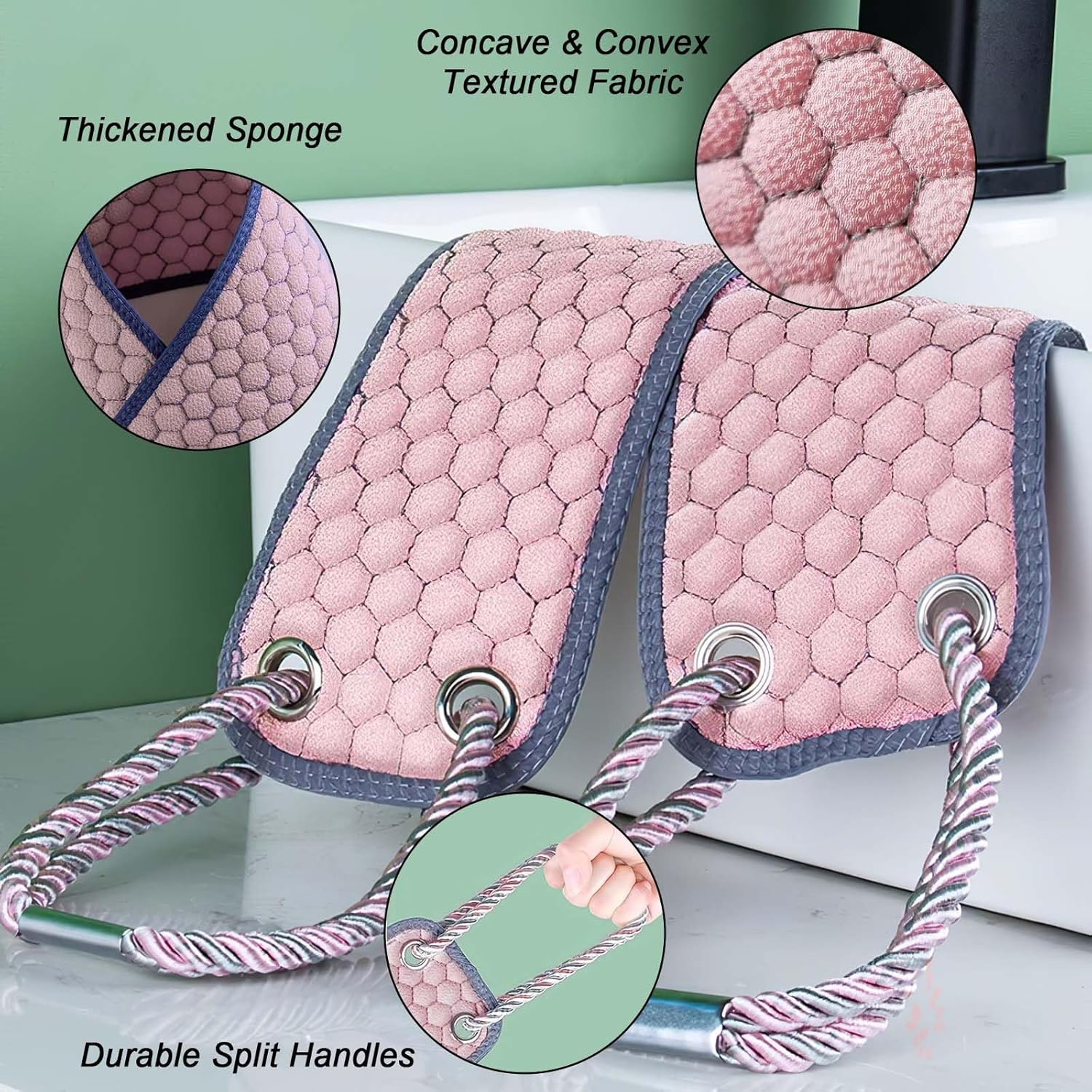 Exfoliating Back Scrubber for Shower, 37 Inches Back Washer with Handles, Exfoliating Washcloth Body Exfoliator Bath Tool to Scrub Your Body Deeply for Men & Women Exfoliation (Pink) image number 6