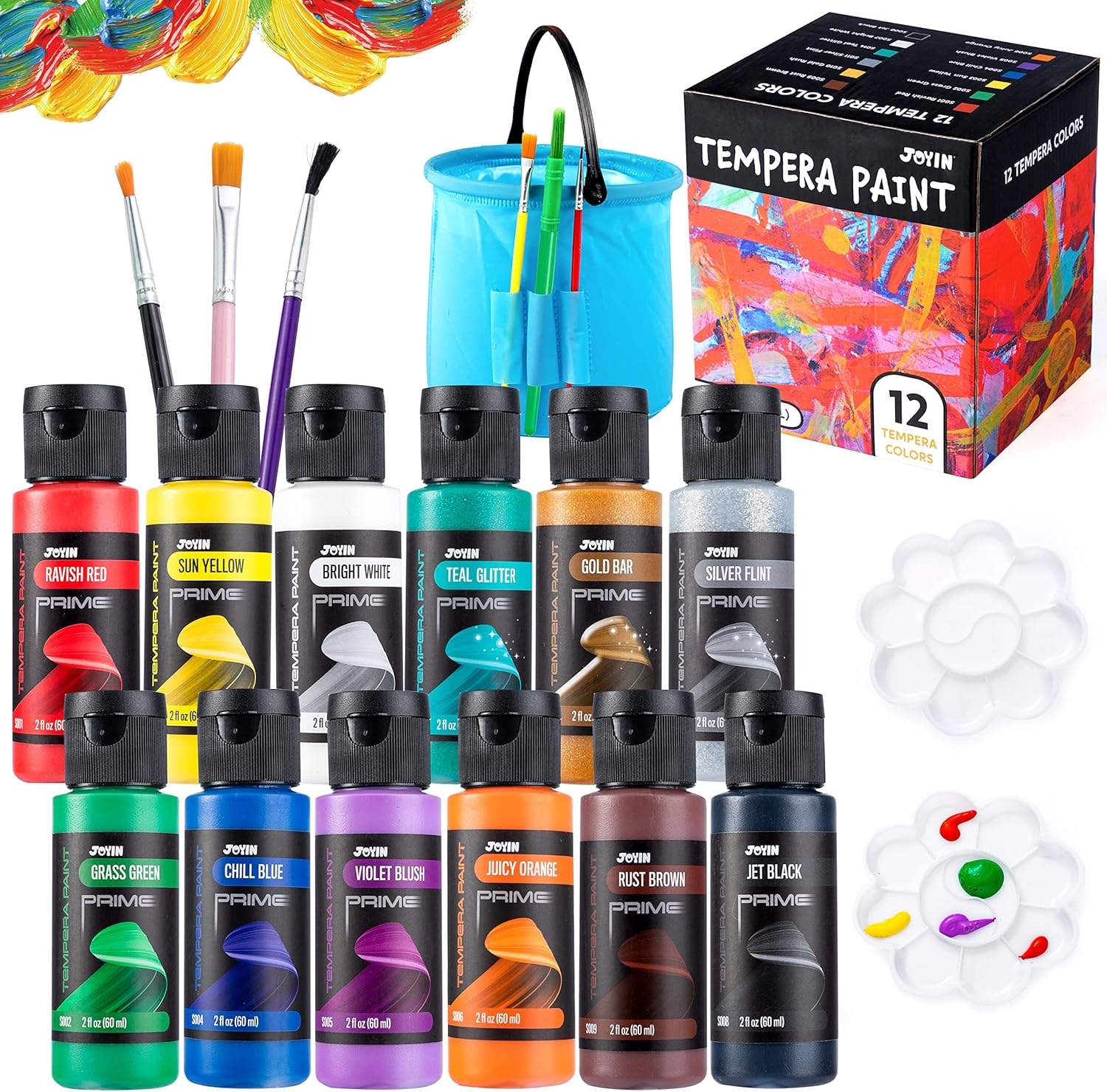 JOYIN 12PCS Washable Kids Tempera Paint Set (2 Oz Each), Liquid Paint with 6 Brushes, 2 Palette & 1 Stretchable Washing Bucket , Non-Toxic Kids Paint for Arts and Crafts Project, Finger Painting, Hobby Painters image number 4