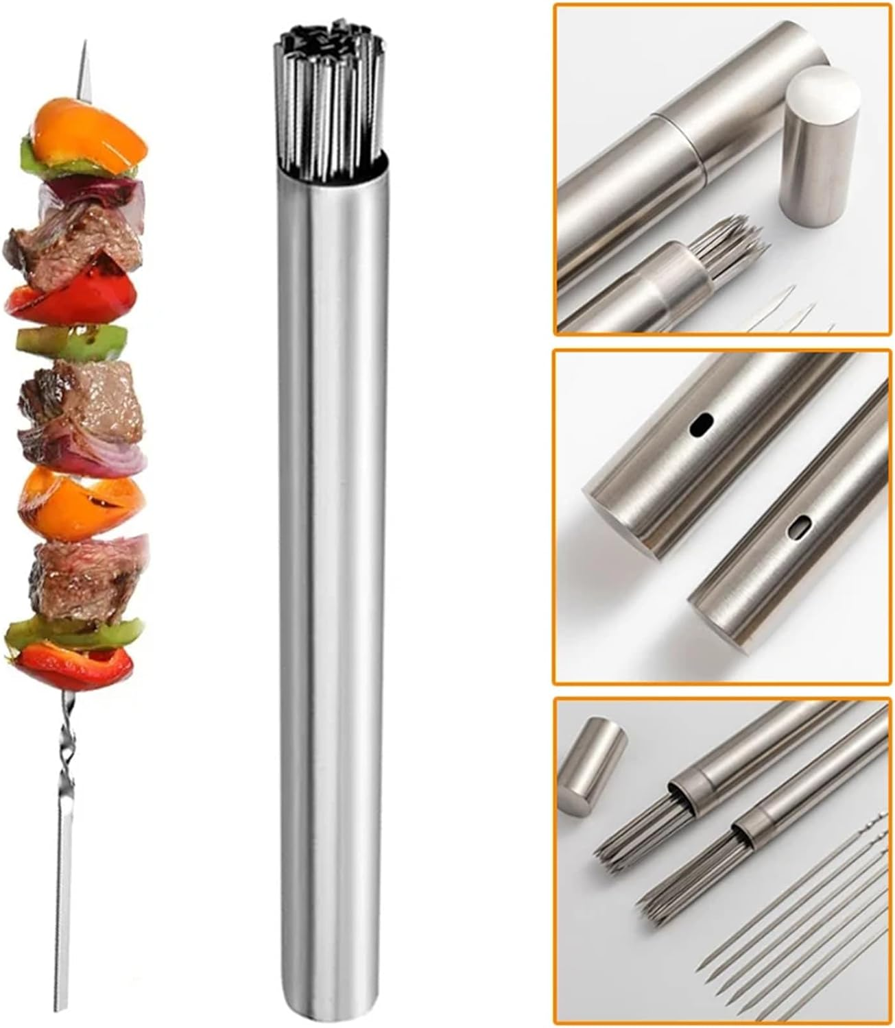 304 Stainless Steel Barbecue Skewers - Pack of 50 Reusable Wide Flat Metal Skewers with Storage Tubes - Rod Barbecue Accessories