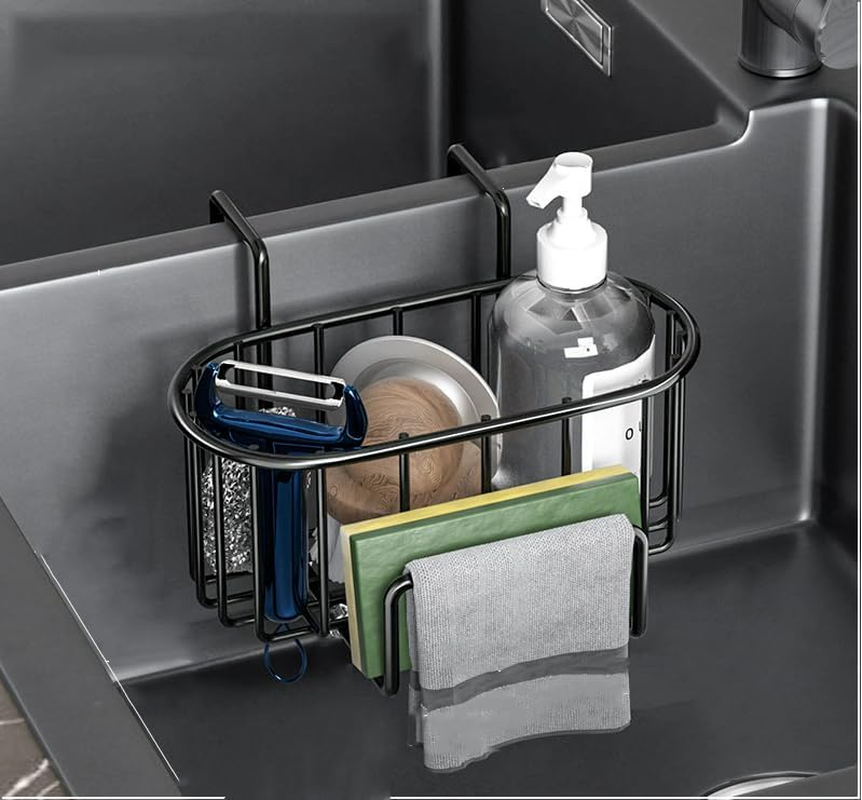 Sponge Holder for Kitchen Sink, Rust-Proof Stainless Steel Sink Holder, Suitable for Holding Sponges, Brushes, Sink Plugs, Cleaning Tools - Black image number 1