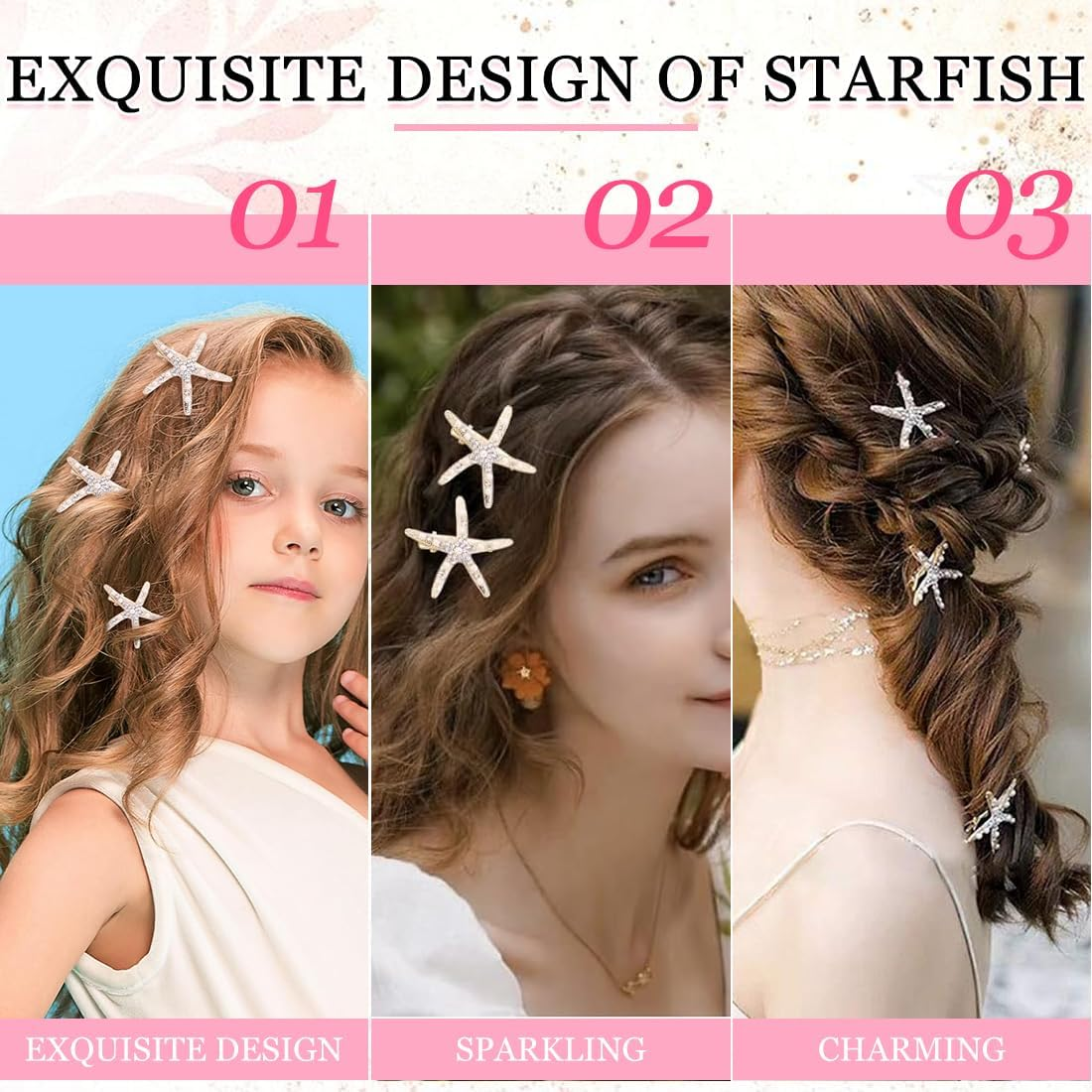 MIRKUZI Hair Clips 4 Pack Starfish Hair Pins Metal Starfish Hairpins Star Shaped Hair Pins Hair Accessories for Women and Girls, Starfish Shell Hairpins image number 2