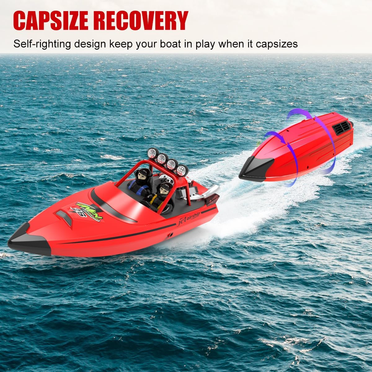 Hitish RC Boat for Kids Adults 2.4Ghz Remote Control Boats with LED Light for Pool Lakes Water, 20MPH Fast Speed Racing Jet Boat, Boat Toy for Boys Girls, 2 Rechargeable Batteries 40+ Mins, Red - Red image number 2