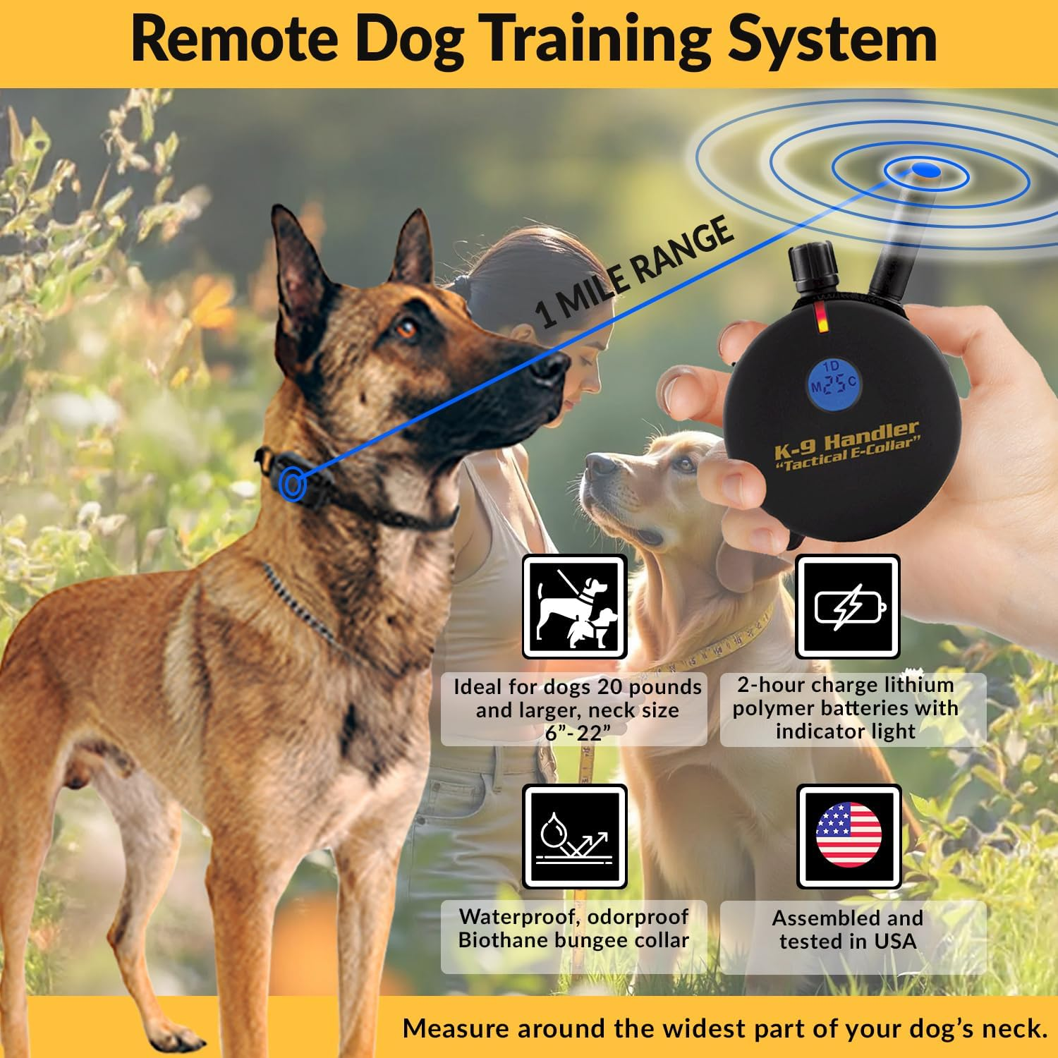 Educator K9 Tactical Dog Handler with Remote, 100 Levels Humane Stimulation, Pavlovian Tone, Waterproof, Odorproof Biothane Bungee Collar, Night Light, Rechargeable, 1 Mile 2 Dog, 33" Collar, Black