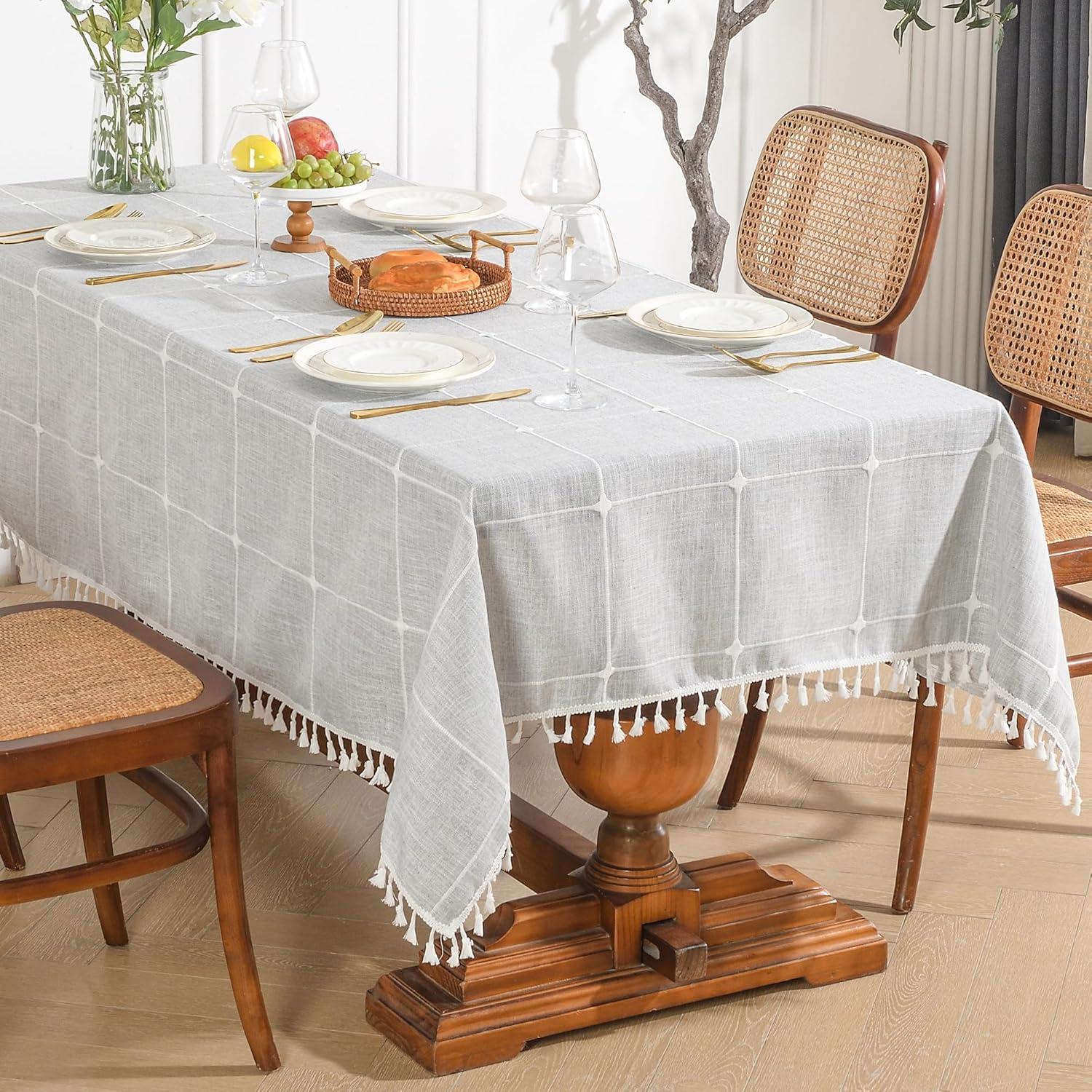 Oubonun Cotton Linen Rectangular Tablecloth - Wrinkle Resistant & Waterproof - Machine Washable Table Cloth with Tassels for Kitchen & Dining, 55''X102'', 8-10 Seats, Grey