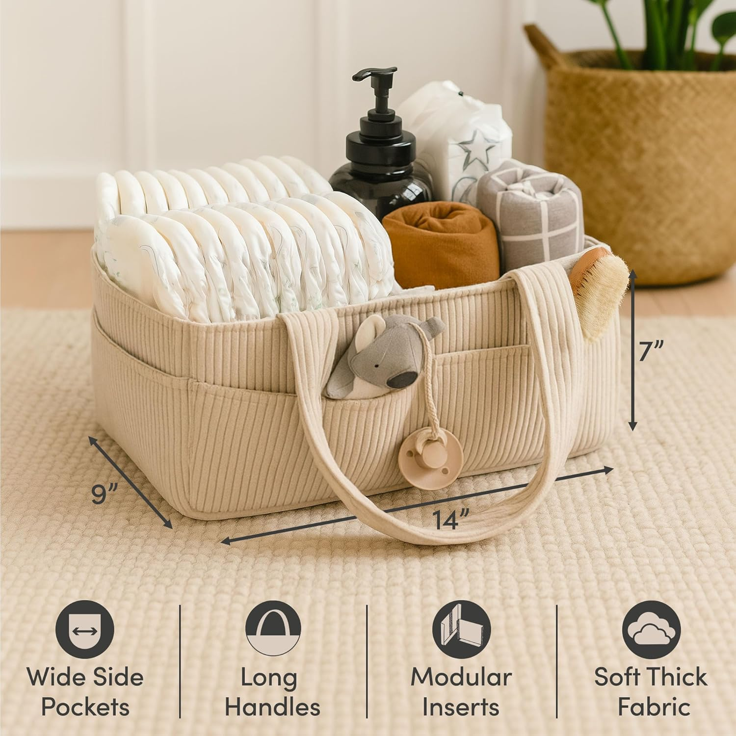 PUTSKA Baby Nappy Caddy Organiser for Changing Table &ndash; Stylish Nursery Storage Basket, Newborn Essentials, Baby Shower Gifts and Registry Must-Haves for Boy or Girl, Car Nappy Caddy, Corduroy Cream - Mocha image number 6
