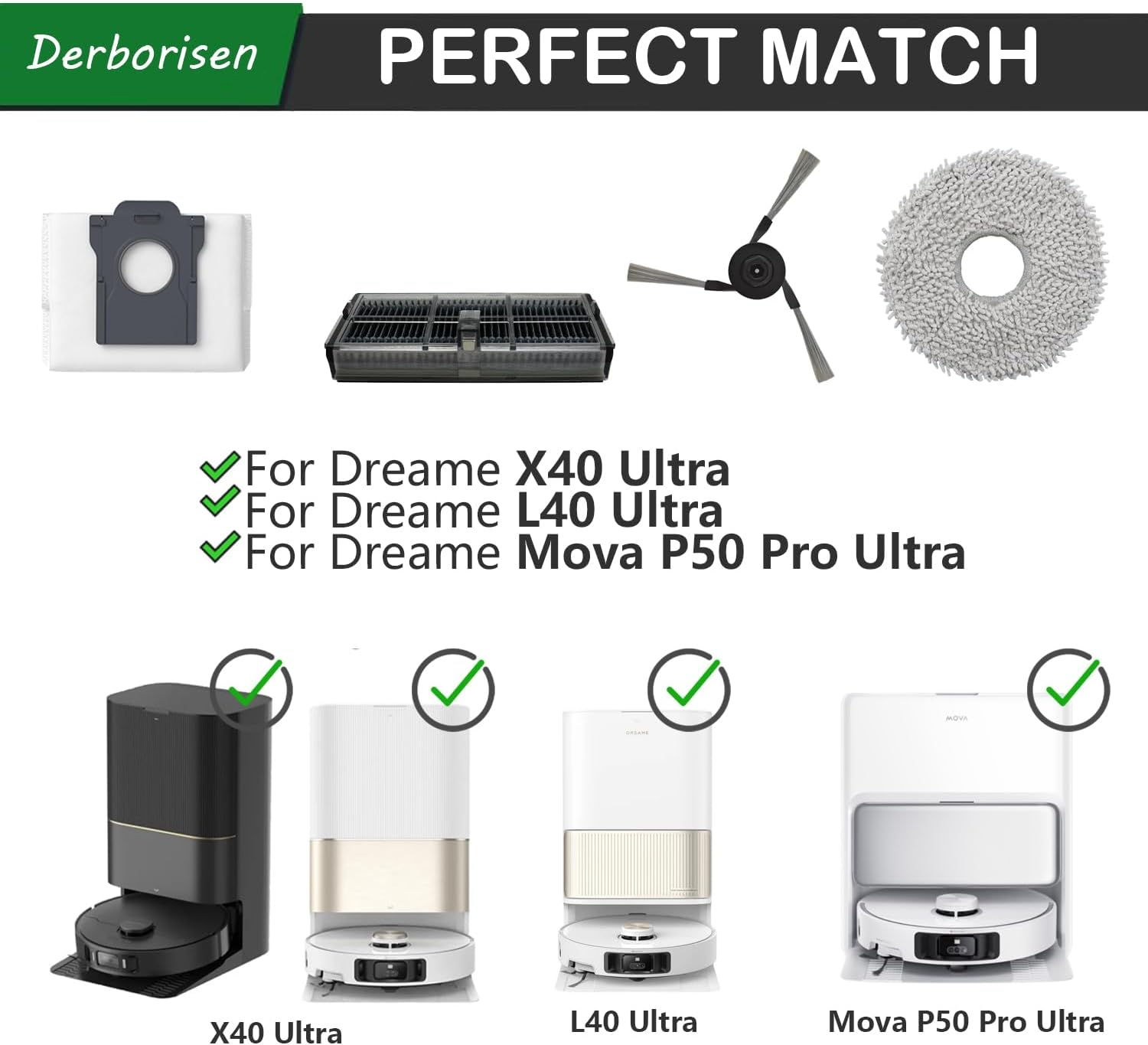 X40 Ultra Replacement Parts Kit Compatible with Dreame X40 Ultra/L40 Ultra/Mova P50 Pro Ultra Robotic Vacuum Accessories,1 Roller Brush,6 Side Brushes,4 Filter,4 Mop Pads,4 Dust Bags,1 Cleaning Brush image number 1