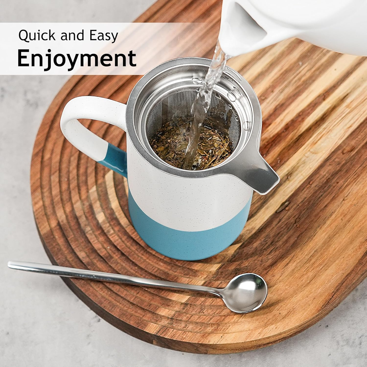 MIAMIO - Tea Cup Set 2 X 500 Ml with Infuser and Lid/Ceramic Tea Mug with Infuser and Spoon for Steeping Loose Leaf Tea, Gifts for Tea Lovers - Microwave & Dishwasher Safe (Blue) - Brown image number 7