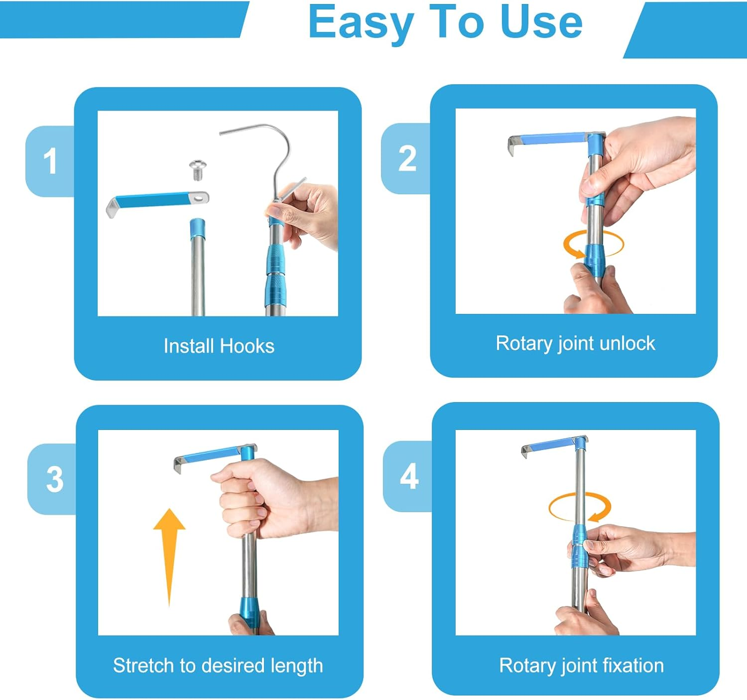 Rtshuok 6.3 Ft Truck Cargo Grabber Bed Reach Tool, Expandable Heavy Duty Stainless Steel Truck Telescoping Pull Pole with Two Hooks for Pickuptruck SUV Boat Accessories - Blue image number 2