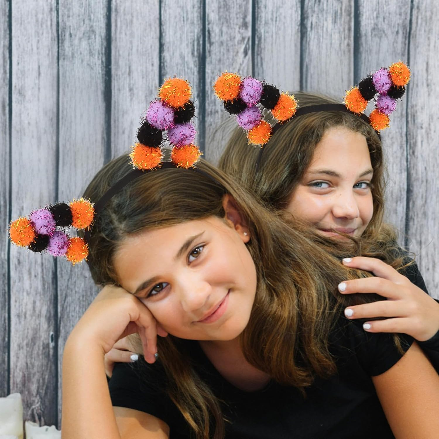 KIUEZIR Halloween Cat Ears Headband for Women - Three-Colour Glitter Pompoms Ears (Black/Purple/Orange) with Soft Headband, Party Accessories for Birthday Cosplay & Costume Parties
