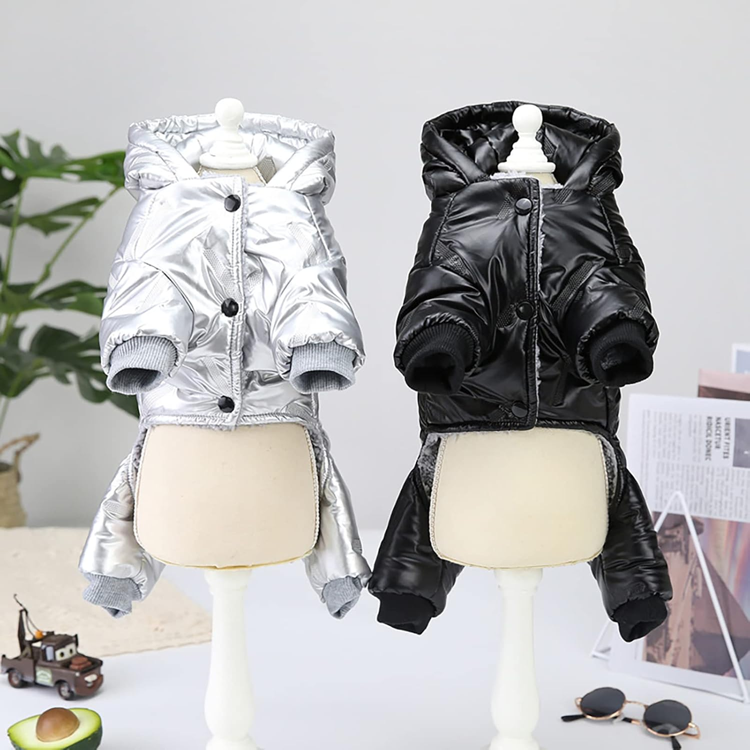 Izefia Dog Windproof Jacket - 4 Legs Warm Jumpsuit for Cold Weather, Winter Thick Clothes, Snow Proof Cotton Coat for Small Dogs, Medium Cats - Black S image number 1