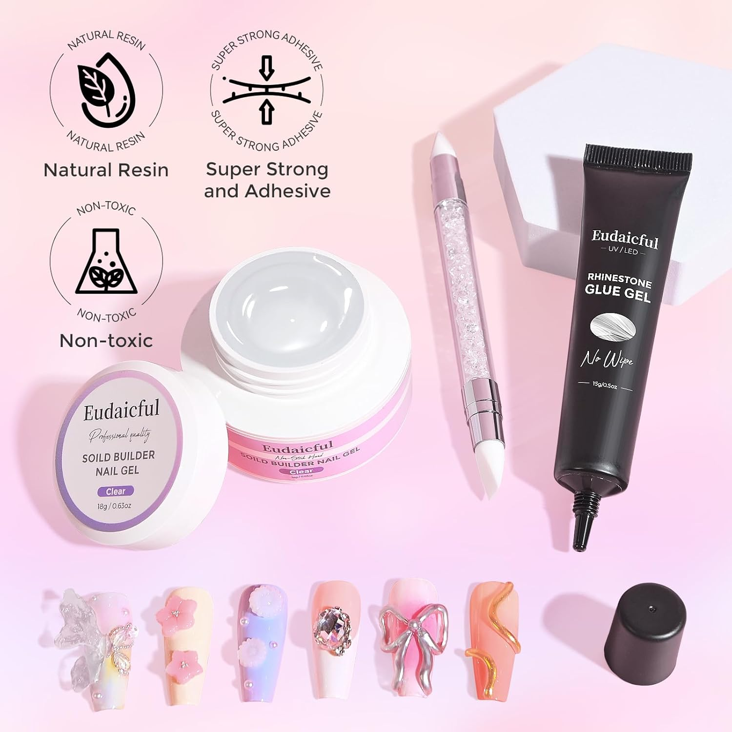 Solid Builder Nail Gel Rhinestone Glue for Nails, Clear Multifunctional Builder Gel for Nails 3D Nail Sculpting Gel Non-Sticky Nail Extension Gel & No Wipe Nail Charm Glue for Salon Home image number 2