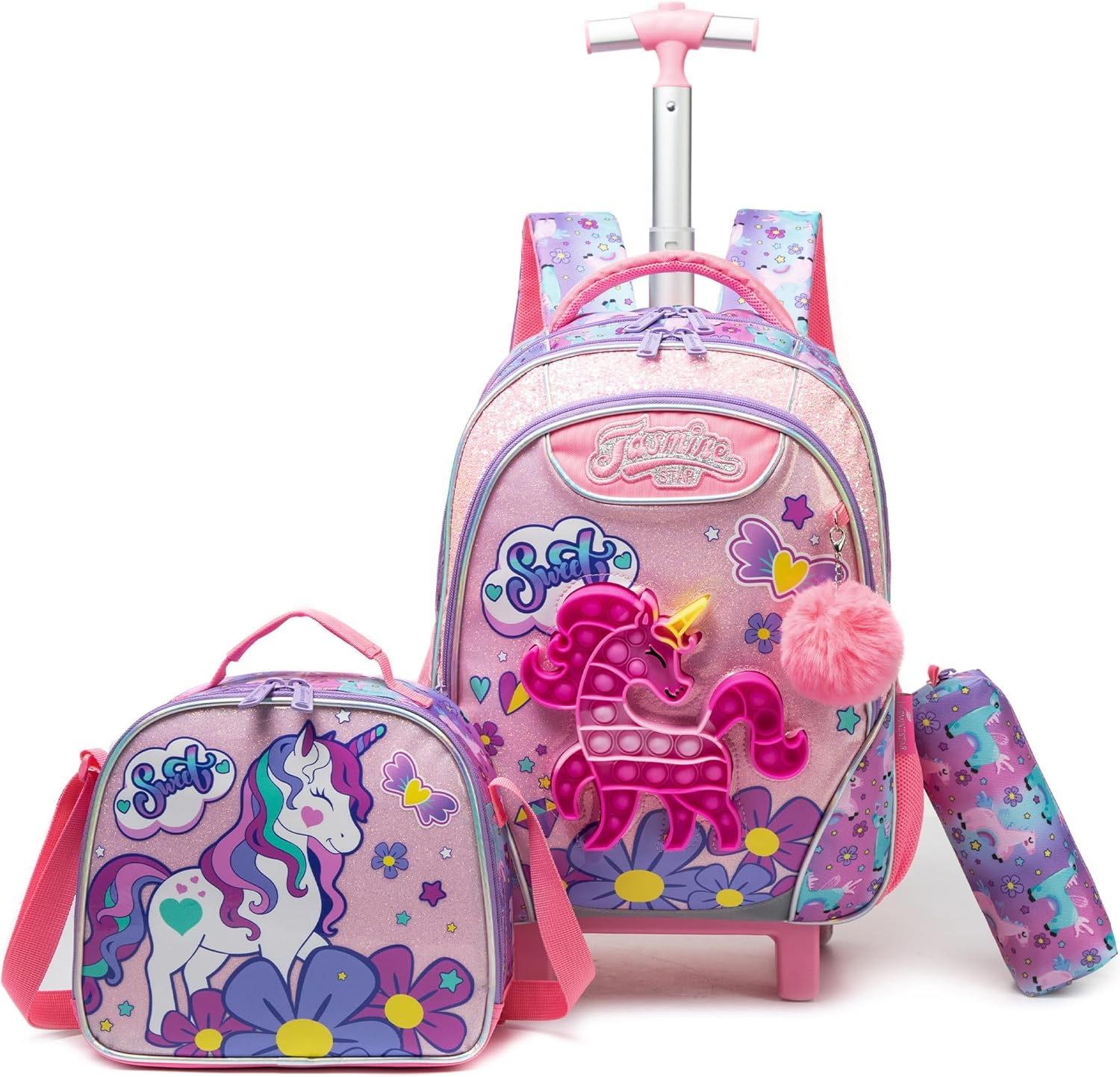 Meetbelify Rolling Backpack for Girls with Pencil Case&Lunch Bag School Bags Trolley Wheeled Backpacks