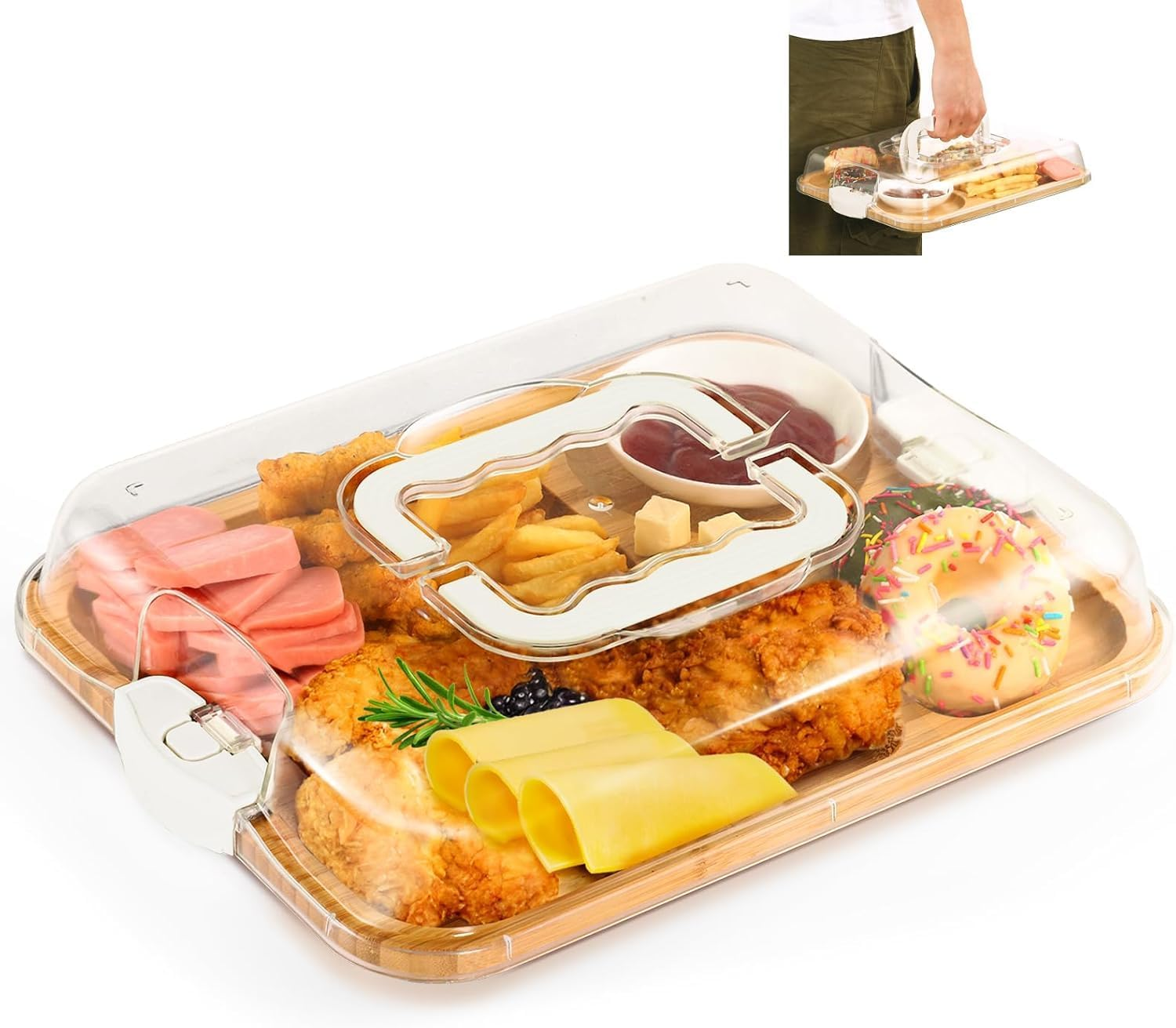 Portable Charcuterie Boards, Cheese Board Bamboowith Locking Lid,Handle and Compartments,Cheese Platter, Bamboo Cutting Board for Kitchen, Picnic, Camping, Party