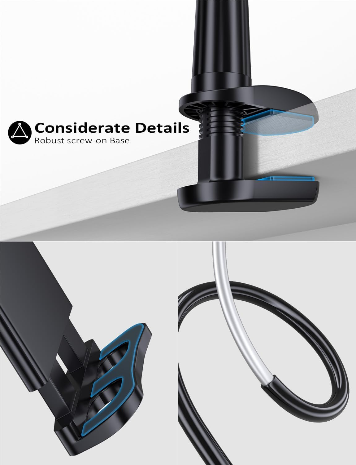 Gooseneck Tablet Holder Stand for Bed: Tryone Adjustable Flexible Arm Tablets Mount Clamp on Table Compatible with Ipad Air Mini | Galaxy Tabs | Kindle Fire | Switch or Other 4.7-10.5" Devices(Black) - White image number 3