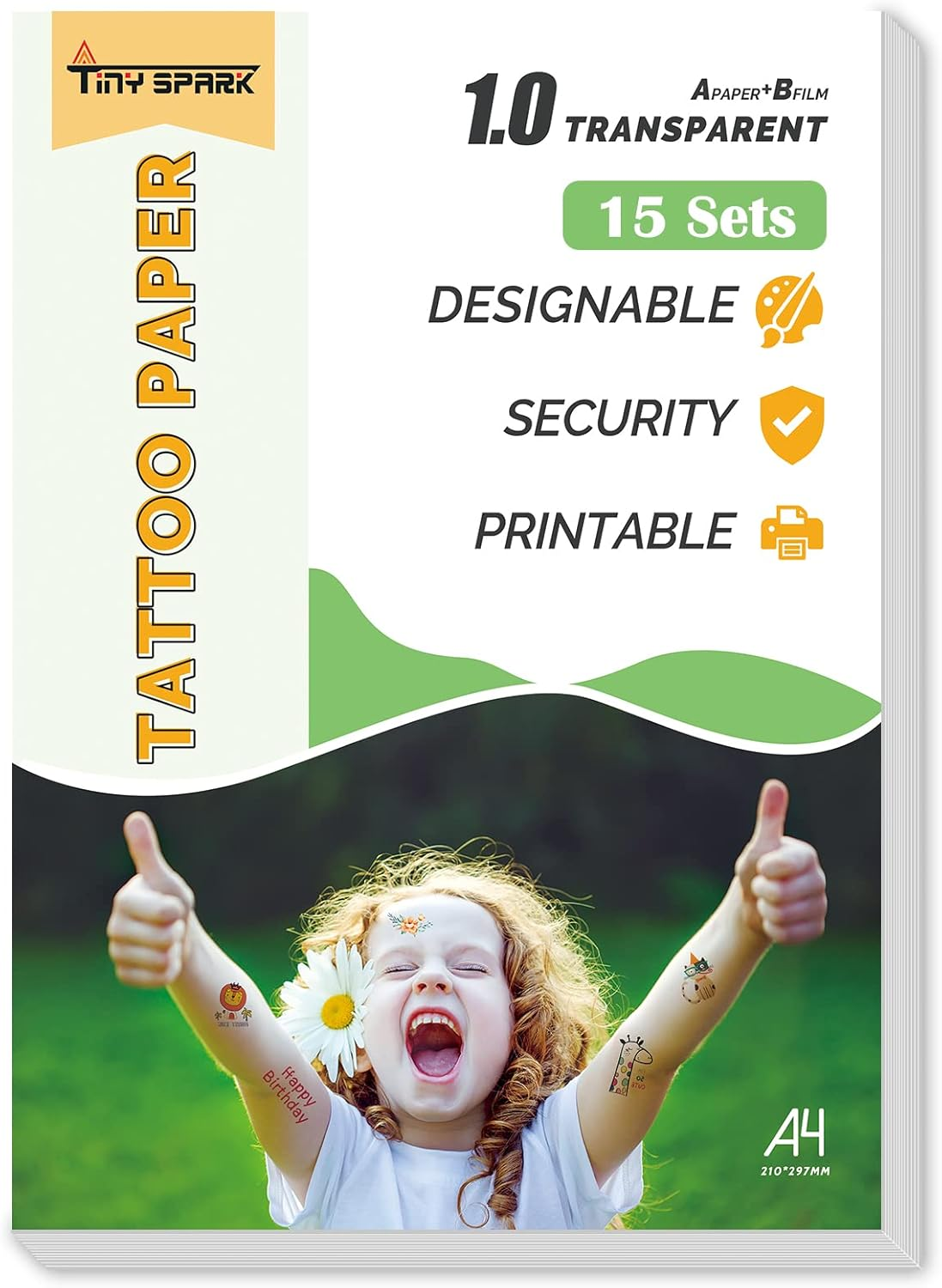 15 Sets A4 Tattoo Transfer Paper Printable Waterproof Temporary Tattoo Paper for Inkjet & Laser Printers(A4 Size+15 Sets) DIY Temporary Tattoos Stickers (Transparent) image number 1