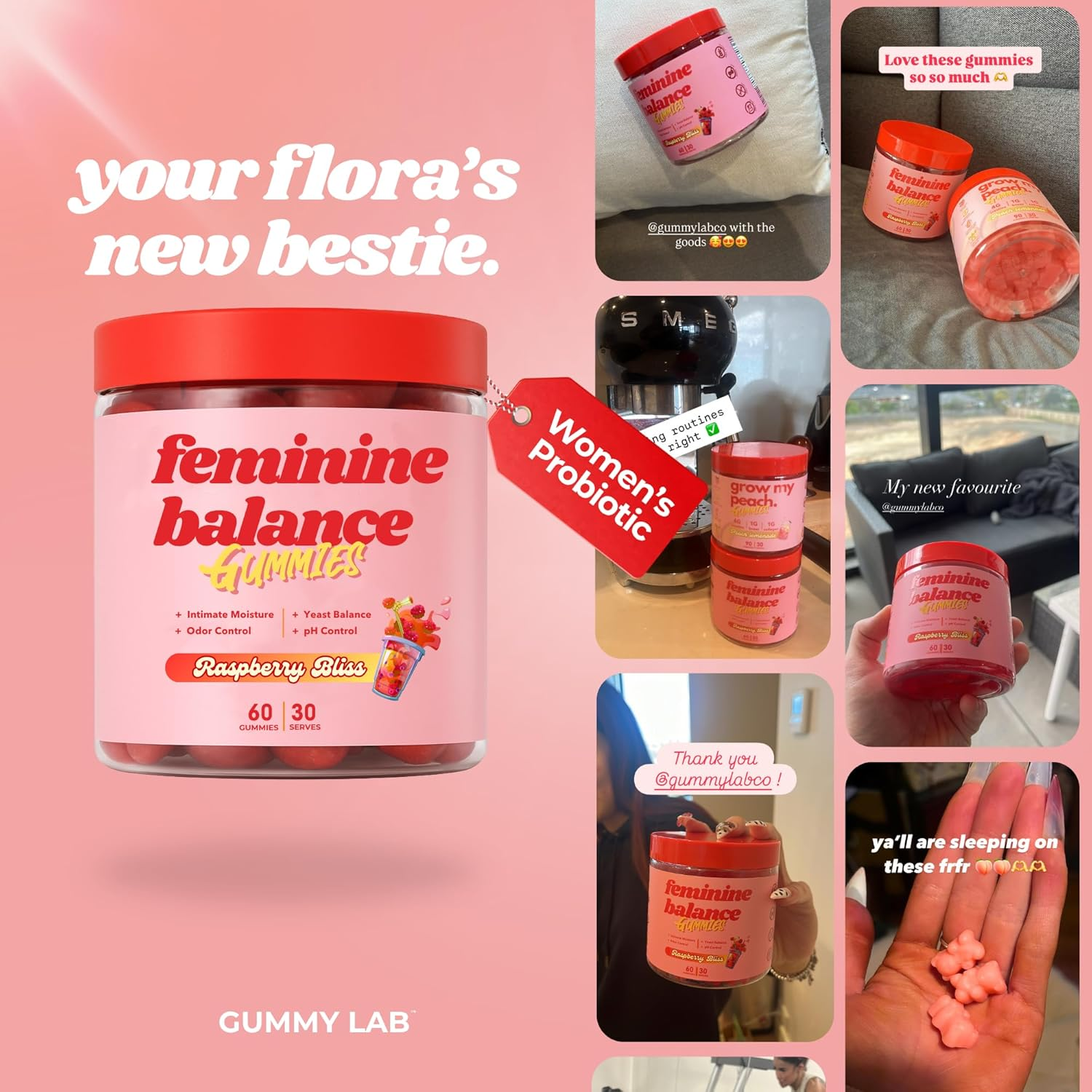 Feminine Balance Gummies for Women &ndash; Vaginal Probiotic Gummy Supports Women'S Balance and Wellness &ndash; Women&rsquo;S Daily Health Supplement - Raspberry Flavour 60 Gummies 30 Serves image number 5