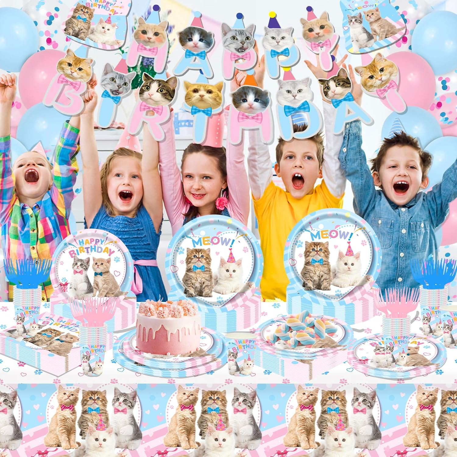 146Pcs Cat Birthday Party Supplies-Serves 24, Cat Party Decorations Kitten Disposable Tableware with Cat Party Plates Cups Napkins Tablecloth Balloons for Kitten Birthday Party Decorations Supplies image number 6