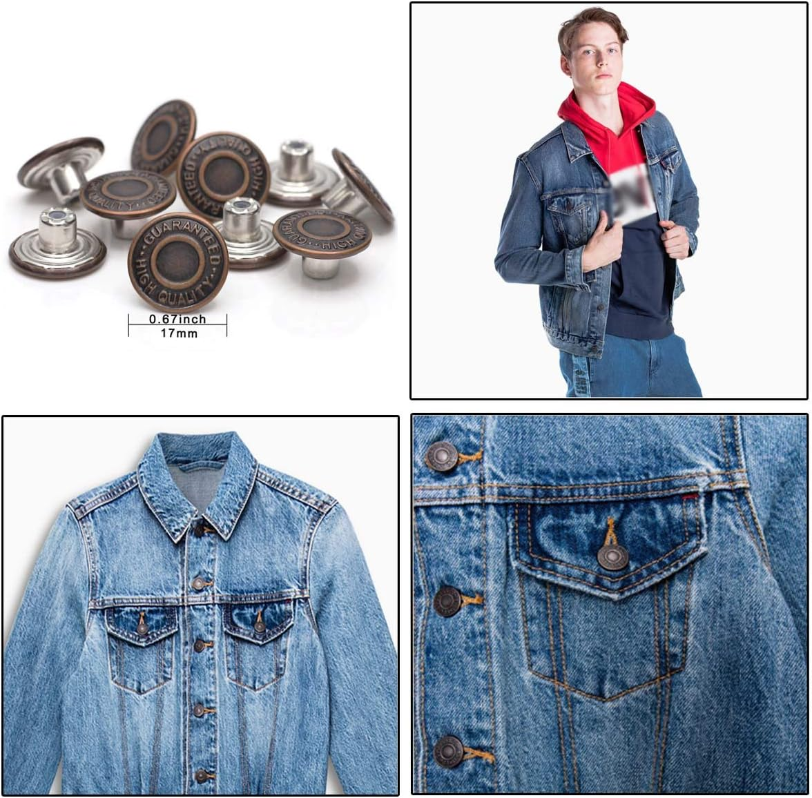 17Mm Brass Jeans Buttons, No Sew Metal Buttons Tack Buttons Replacement Kit (Red Copper) - Red,Silver image number 1